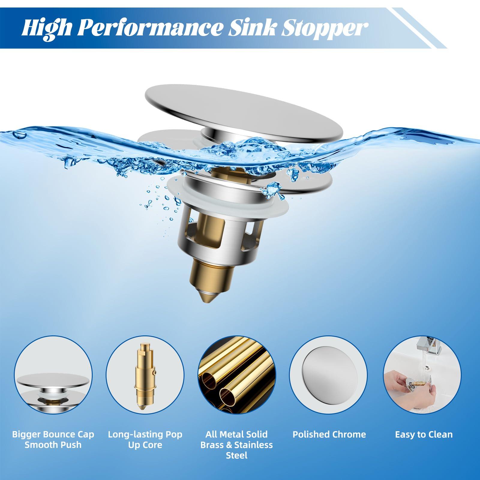 Hibbent All Metal 2 in 1 Bathroom Sink Stopper, Universal Pop Up Drain Strainer, Brass Bullet Core Push Type Sink Stopper for 1.1''~2.3'' Basin, Big Push Button, Anti Clogging Drain Filter, Chrome - Image 3