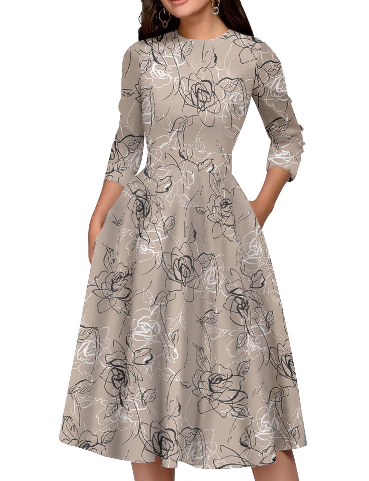 Simple Flavor Women's Floral Vintage Dress Elegant Midi Evening Dress 3/4 Sleeves