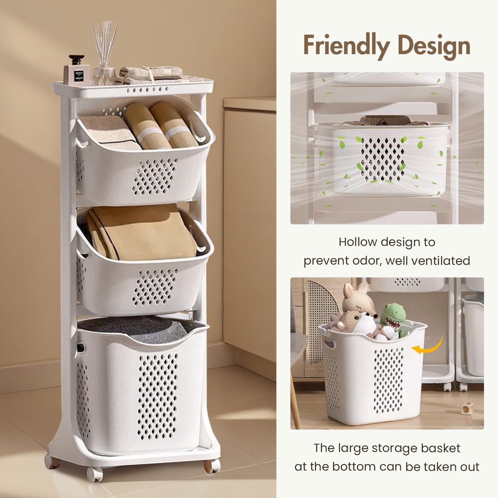 BAOKALER Rolling Laundry Hamper Cart with Wheels, 3 Tier White Laundry Baskets, Clothes Hamper with Portable Storage Baskets for Kitchens, Bathrooms, Bedrooms, Classrooms, Laundry Rooms - Image 6