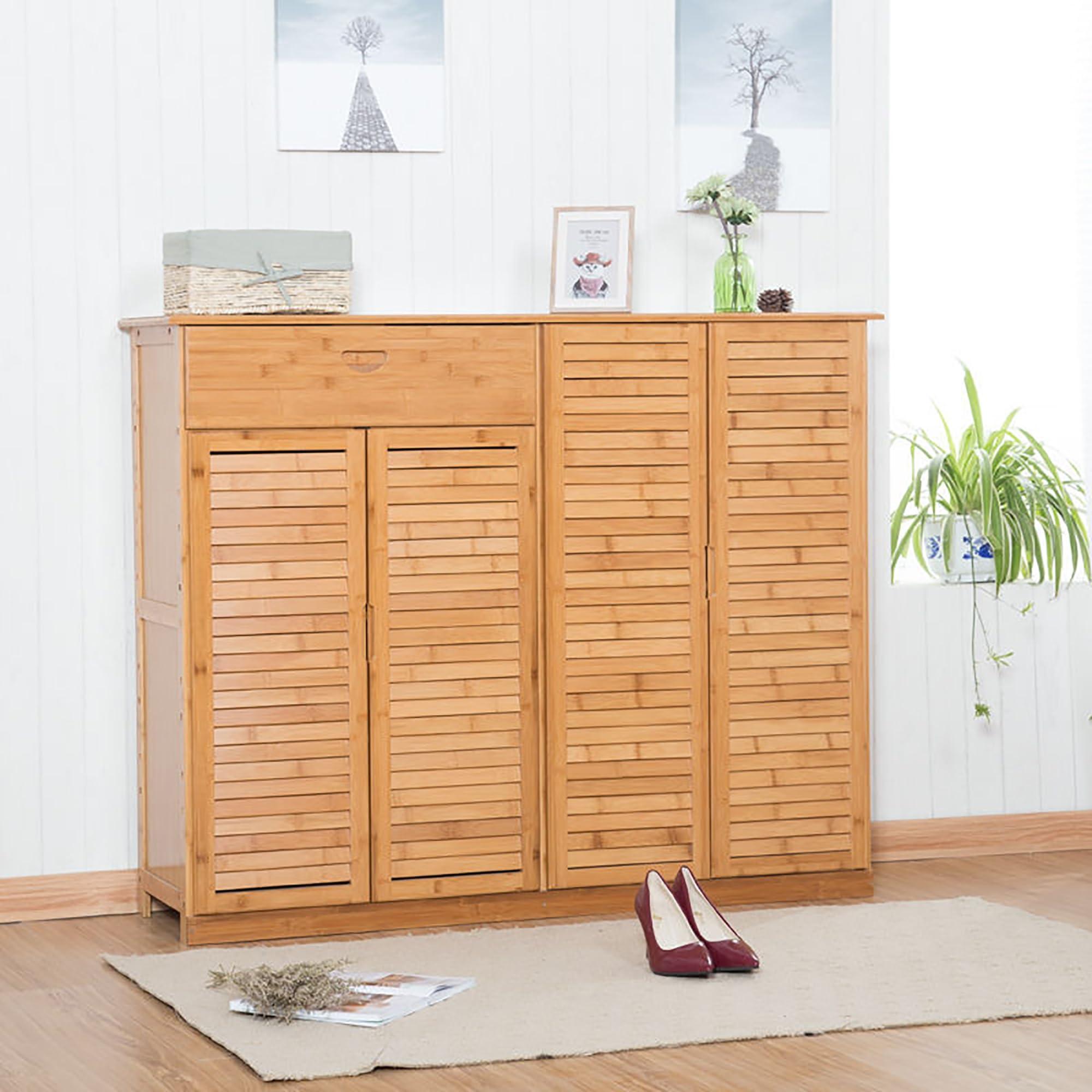 Bamboo Shoe Cabinet with Doors, Shoes Storage Organizer Shelf Stand for 26-30 Pairs, Entryway Hallway Living Room Bedroom Furniture, Beige Color (51 * 13.2 * 34.2IN)