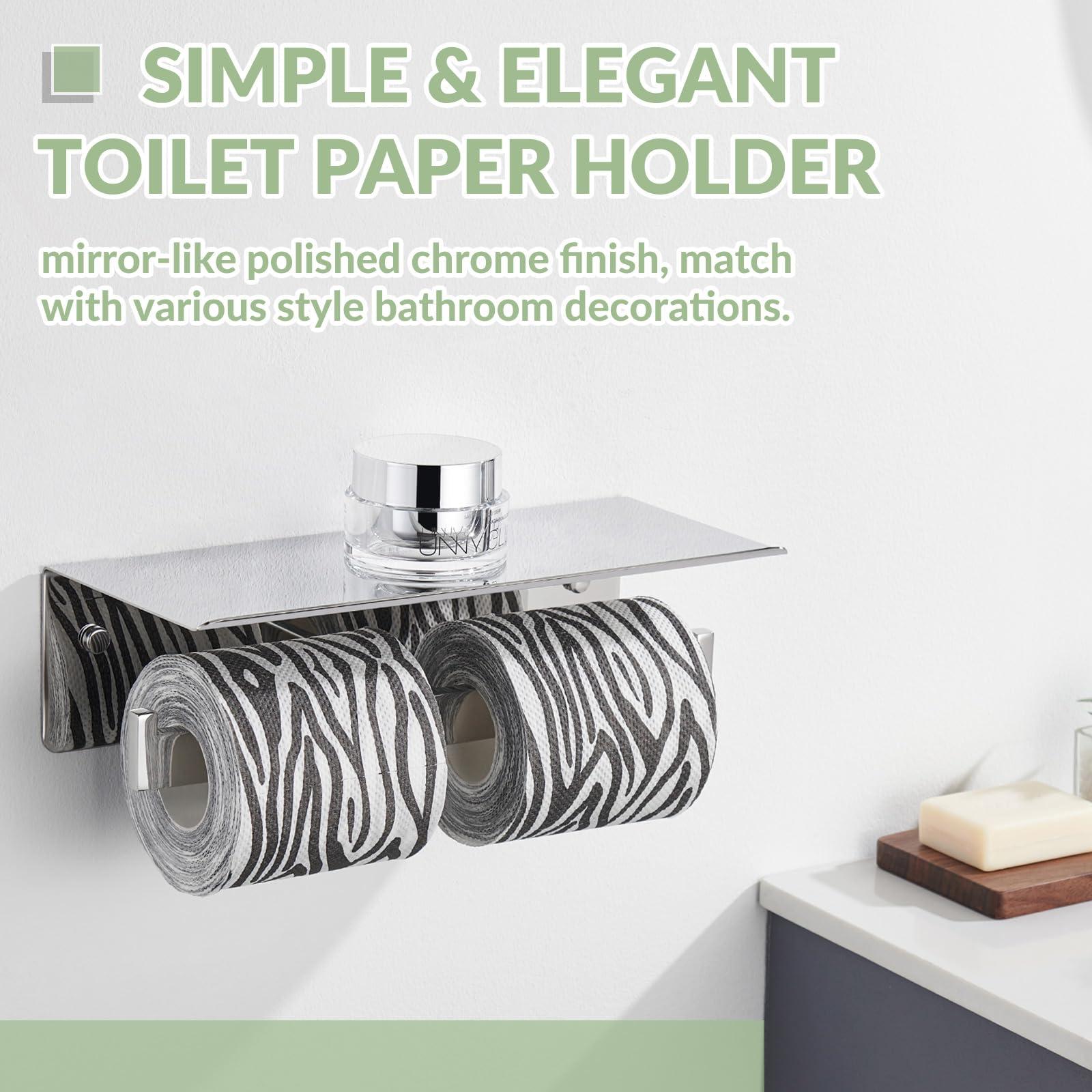 APLusee Double Toilet Paper Holder with Phone Shelf, 304 Stainless Steel Bathroom Tissue Hanger, Wall Mounted Dual Roll Paper Dispenser, Polished Chrome - Image 8
