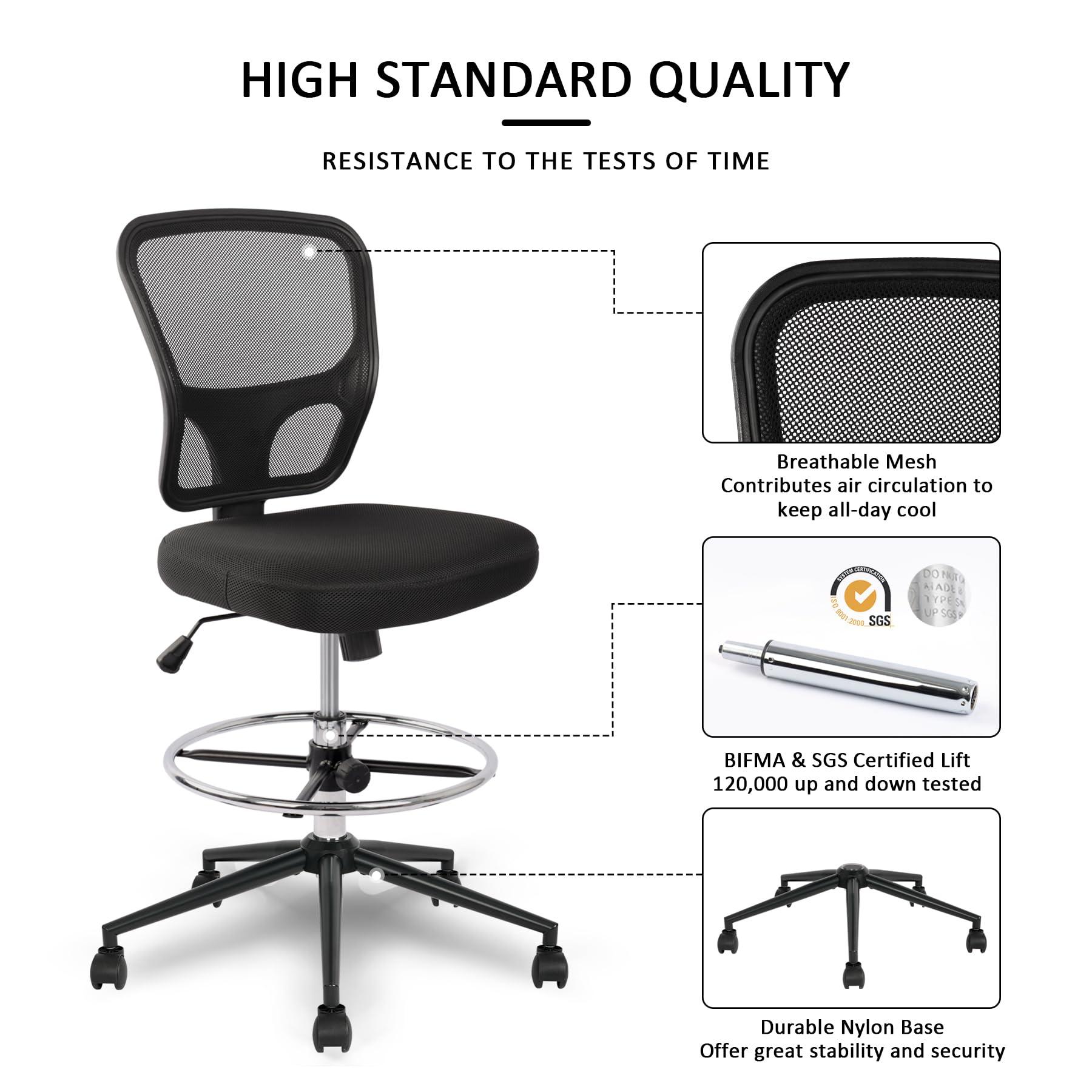 Armless Drafting Chair Tall Office Chair Adjustable Height High Back Ergonomic Desk Chair Drafting Stool Rolling Bar Stools Chairs with Footrest and Wheels - Image 7