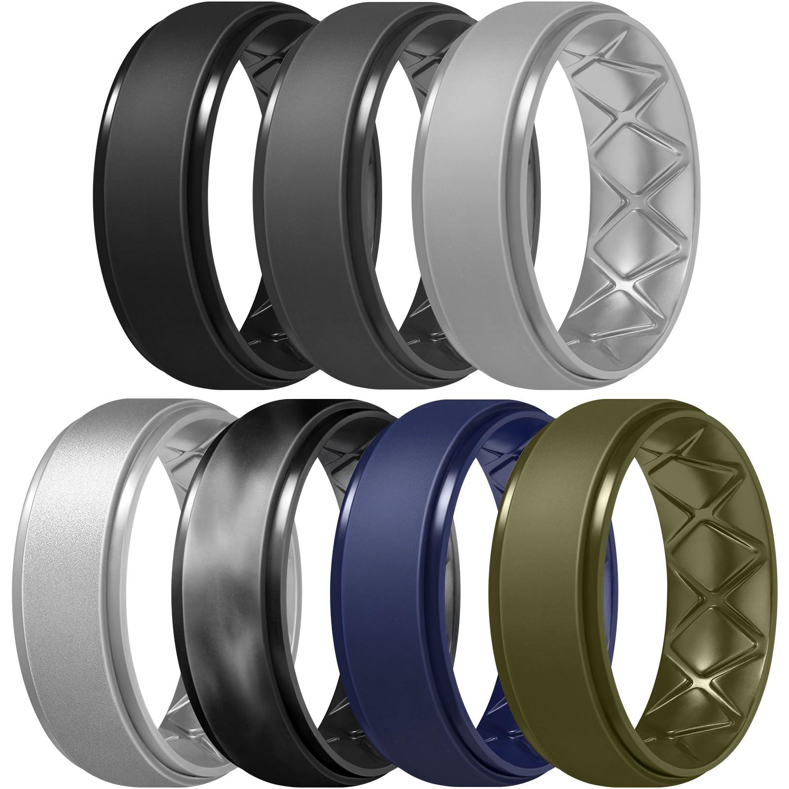 Egnaro Inner Arc Ergonomic Breathable Design, Silicone Rings Mens with Half Sizes, 7 Rings / 6 Rings / 5 Rings / 4 Rings / 1 Ring Rubber Wedding Bands, 8.5mm Wide-2mm Thick