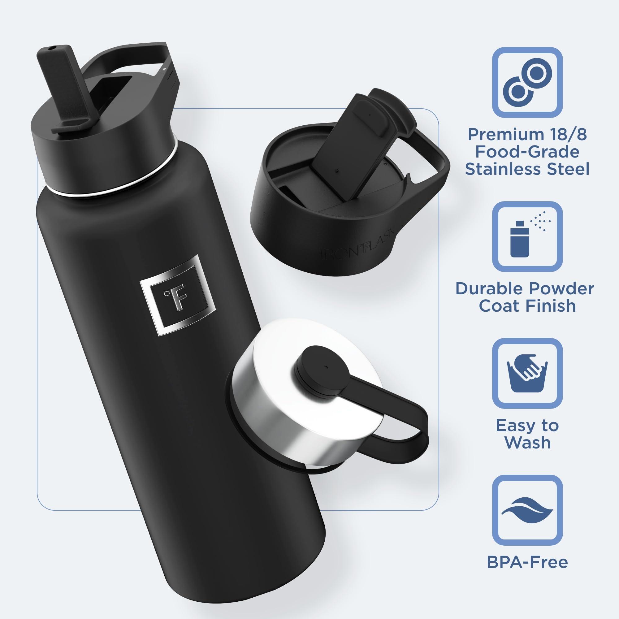 IRON °FLASK Camping & Hiking Hydration Flask with 3 Lids - Stainless Steel, Double Walled & Vacuum Insulated Water Bottle - Leak Proof & BPA Free (Midnight Black, Straw - 40 oz) - Image 6