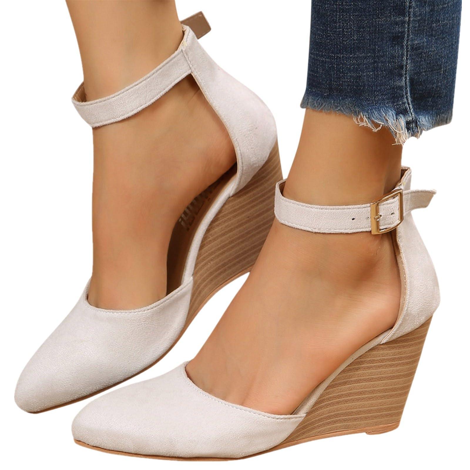 Closed Toe Wedges Heels for Women Dressy Platform Wedge Sandals Ankle Strap Heeled Espadrilles Sandals Ladies Comfortable Cork Summer Dress Shoes for Beach Wedding