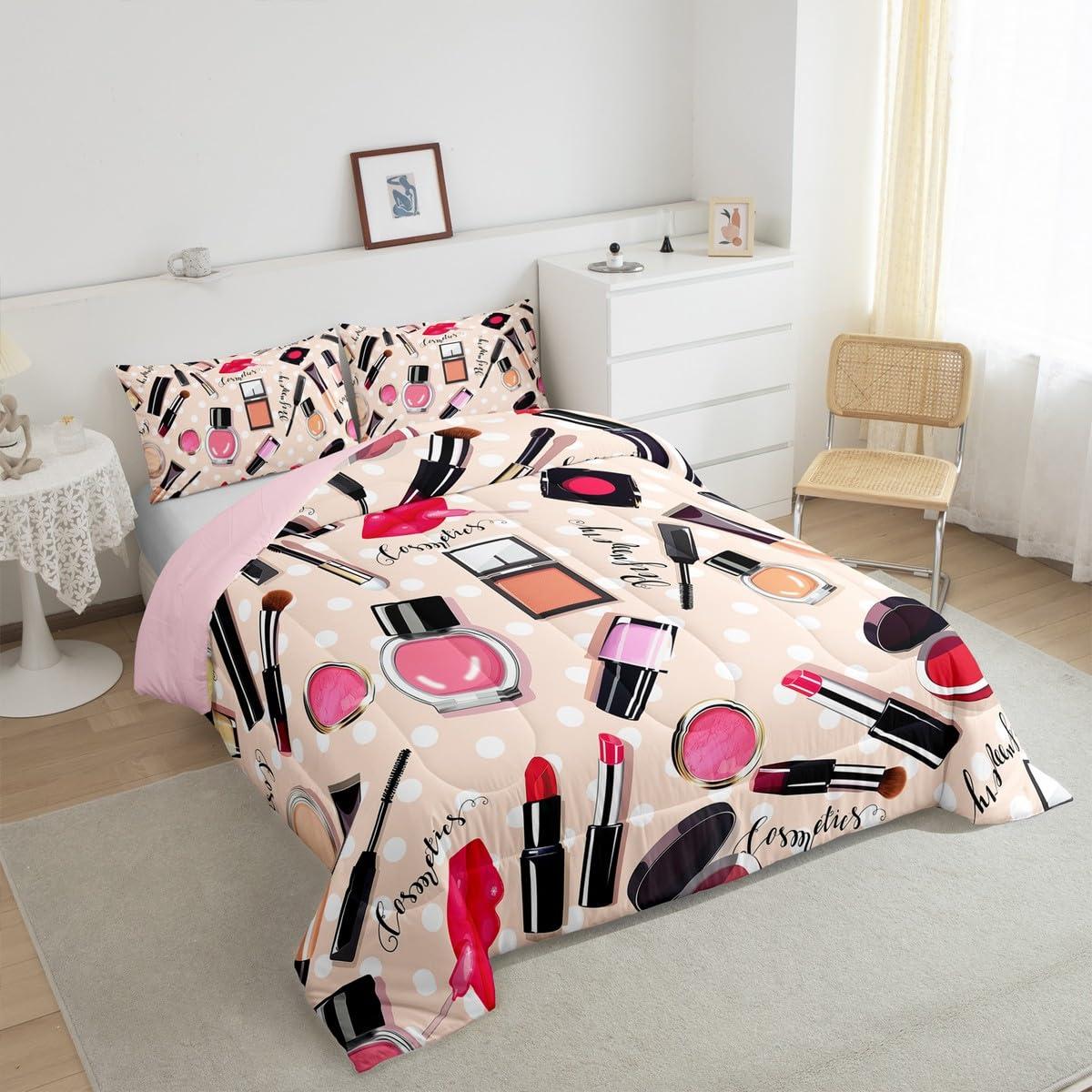 Erosebridal Fashion Comforter Set Makeup Cosmetic Theme Bedding Set Perfume Lipstick Modern Quilt Soft Microfiber Home Decor for Women Girls 1 Comforter with 2 Pillow Cases Full Size - Image 4