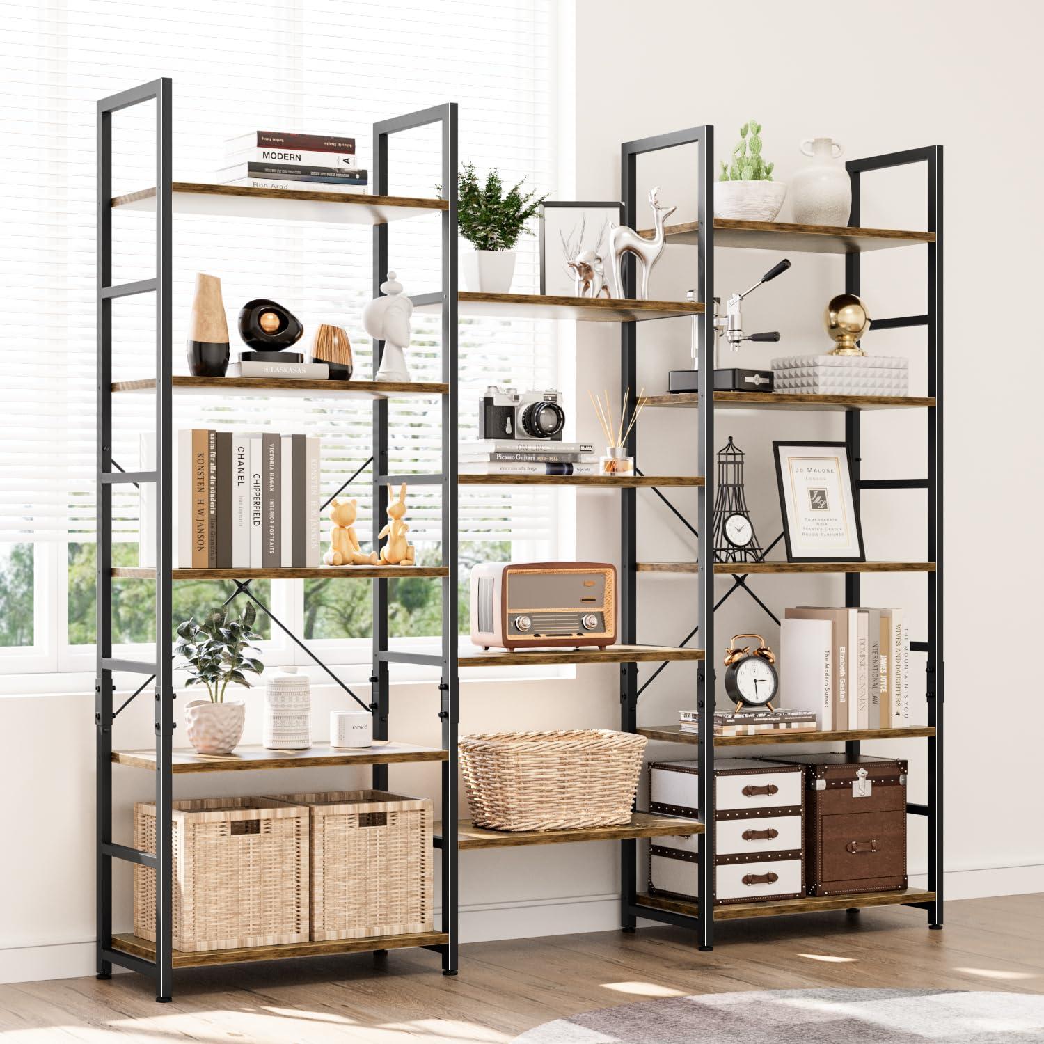 NUMENN Triple Wide 5 Tier Bookshelf, Rustic Industrial Style Bookcases with 14 Open Display Shelves, Modern Tall Bookcase Furniture for Bedroom, Living Room and Home Office, Vintage - Image 2