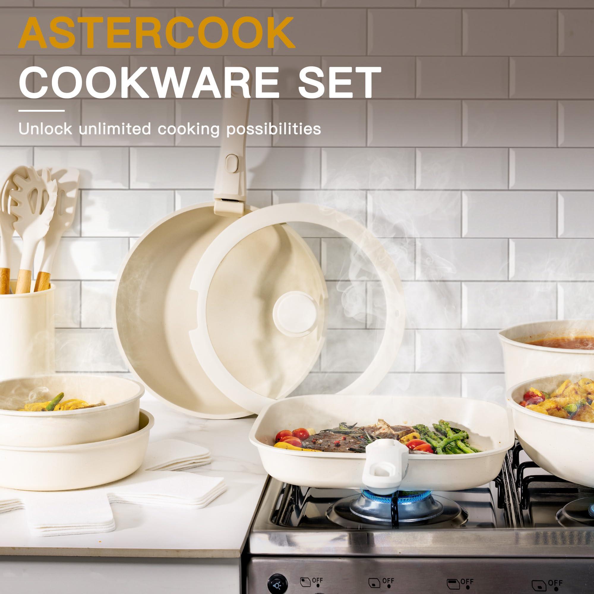 Astercook 23 Pcs Pots and Pans Set Non Stick, Ceramic Cookware Set Detachable Handle, RV Kitchen Cooking Set Removable Handles, Oven Safe, Induction Ready, Stackable Non-stick Set, Cream White - Image 7