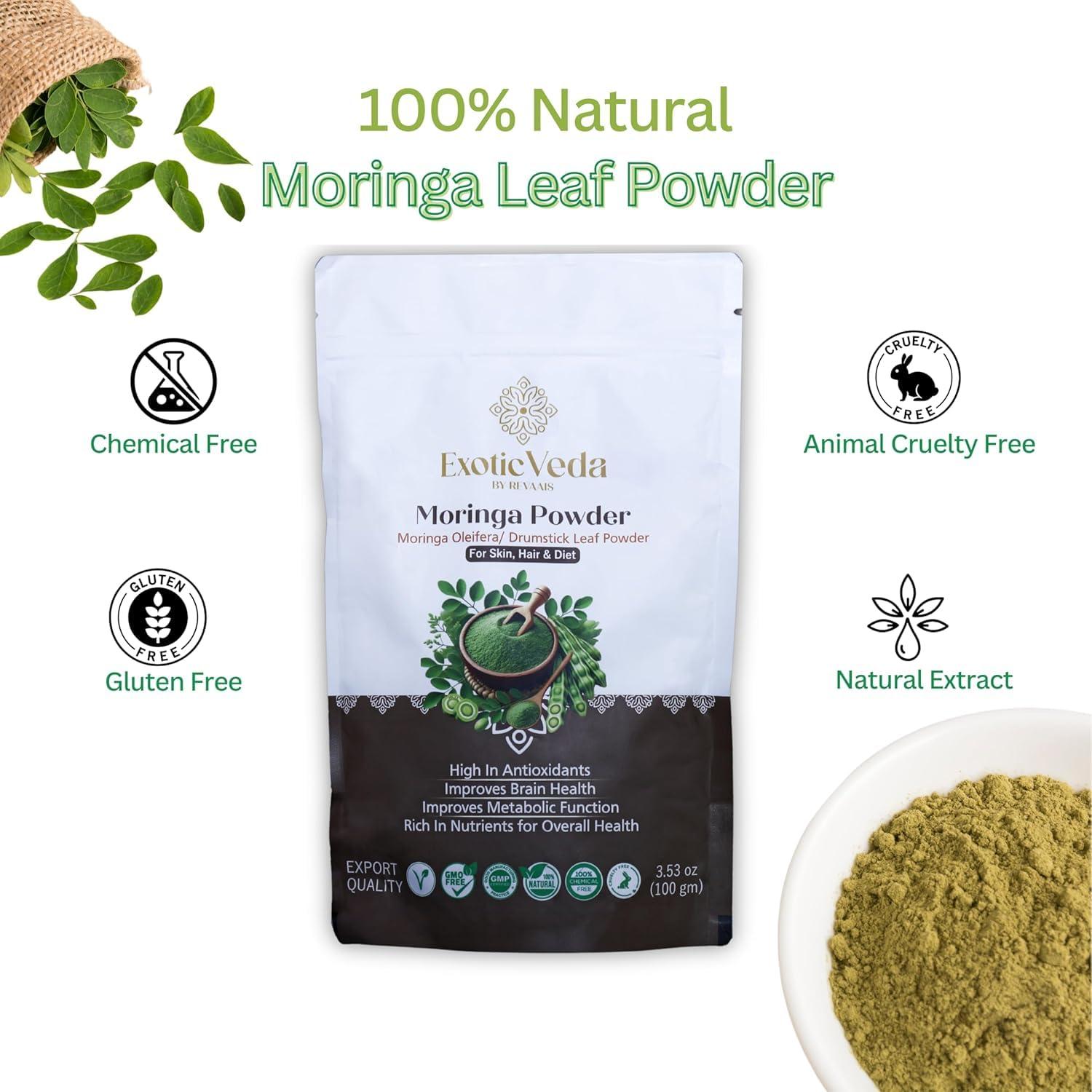 Exotic Veda Premium Quality Moringa Powder (100g/3.52Oz) - 100% Pure, Vegan, Gluten-Free, Non-GMO - Suitable for Smoothies, Baking, Cooking, and Homemade Skincare - Image 3