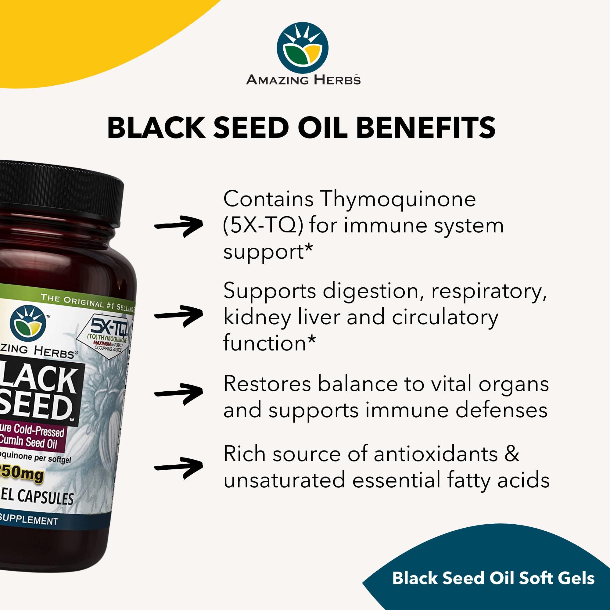 Amazing Herbs Premium Black Seed Oil Capsules - High Potency, Cold Pressed Nigella Sativa Aids in Digestive Health, Immune Support & Brain Function - 60 Count, 1250mg - Image 6