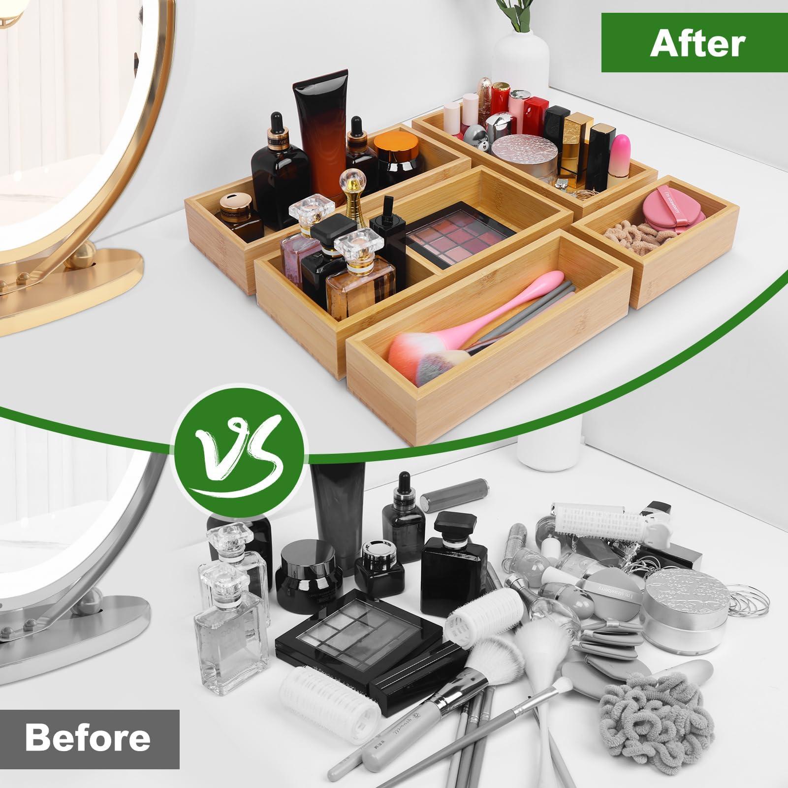 Bamboo Drawer Organizer Set, 5 PCS Multi-Use Individual Wood Storage Organizers, Junk Drawer Divider and Storage Trays Containers for Kitchen, Bathroom, Office Desk, Makeup, Jewelry, Utensils - Image 4