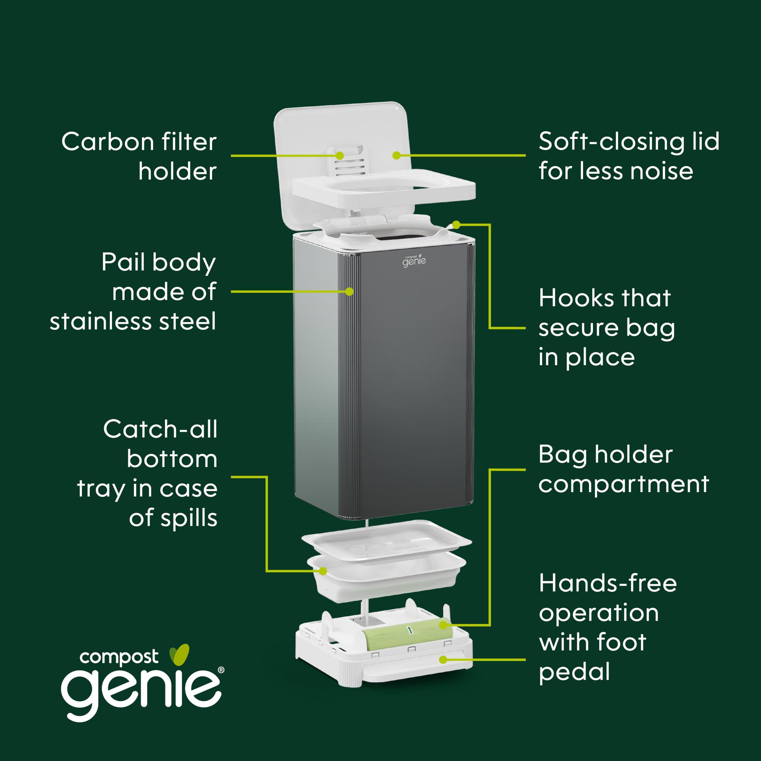 Compost Genie Kitchen Compost Bin, Silver Stainless-Steel Large, 3.6 Gallon, Indoor Odorless Composting, Hands-Free, Washable Parts, Includes 8 Tear-Off Compostable Bags and 4 Carbon Filters - Image 6