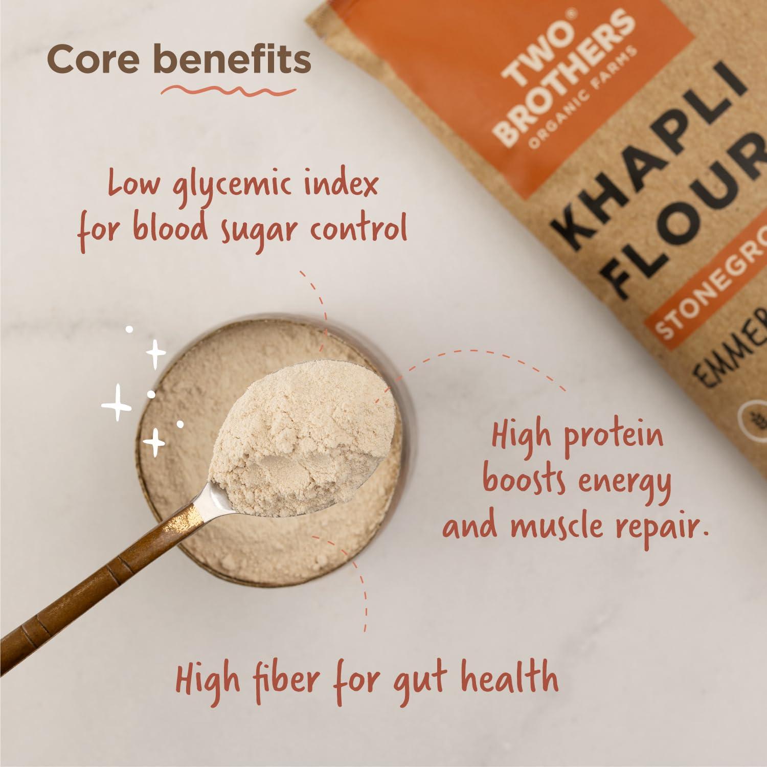 Two Brothers Organic Farms - Khapli Wheat Flour (5kg) | Low-Gluten Wheat Flour | High Dietary Fiber for Easy Digestion | Stoneground Emmer | Khapli Atta | Organic Atta (Pack of 1 kg x 5) - Image 3