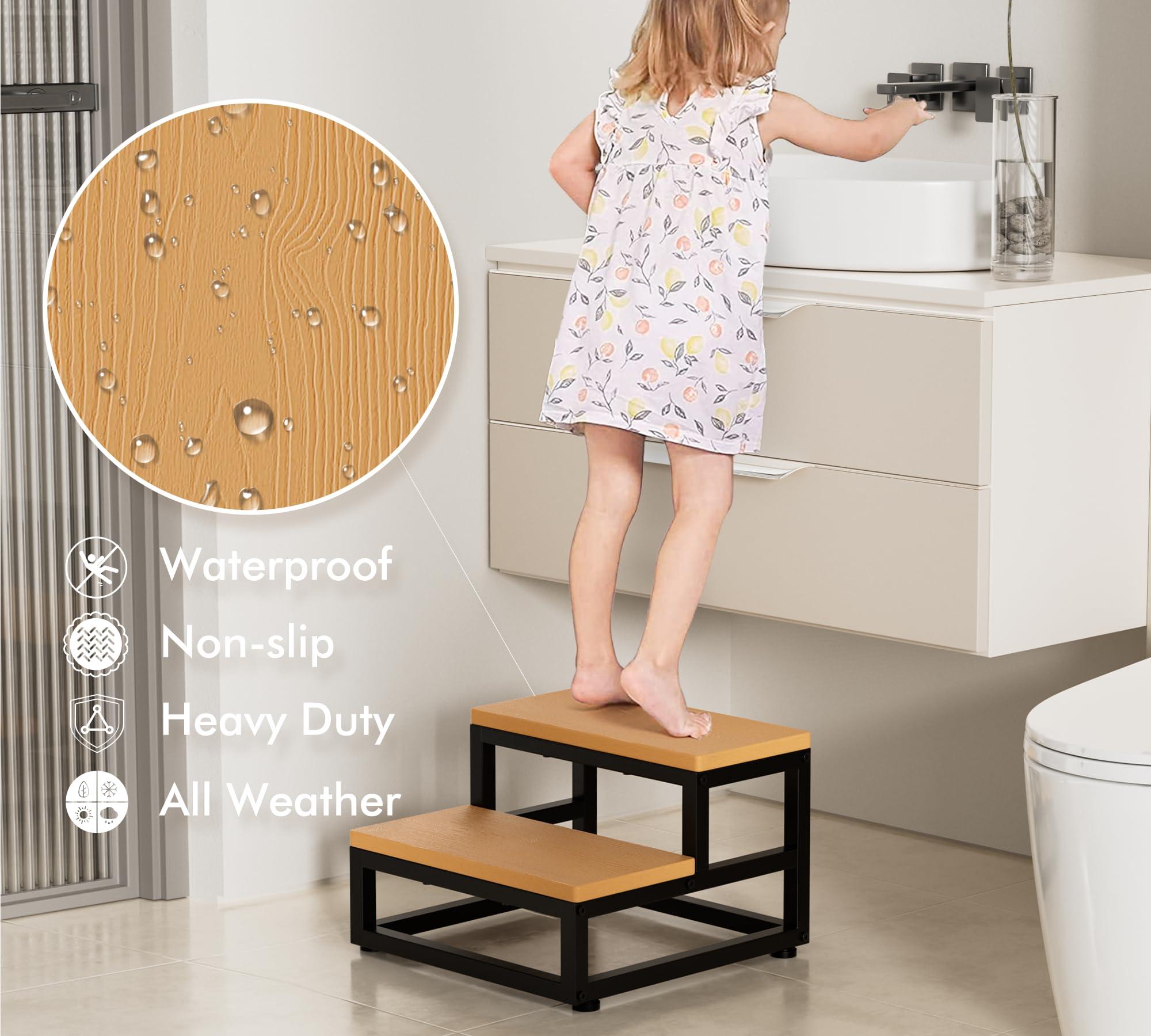 Y&M Two Step Stool for Adults Kids, Waterproof HPDE Bed Step Foot Stool with Adjustable Non-Slip Feet, Metal Frame Stepping for Kitchen Bathroom Bedroom Living Room, Indoor or Outdoor Use, Brown - Image 4