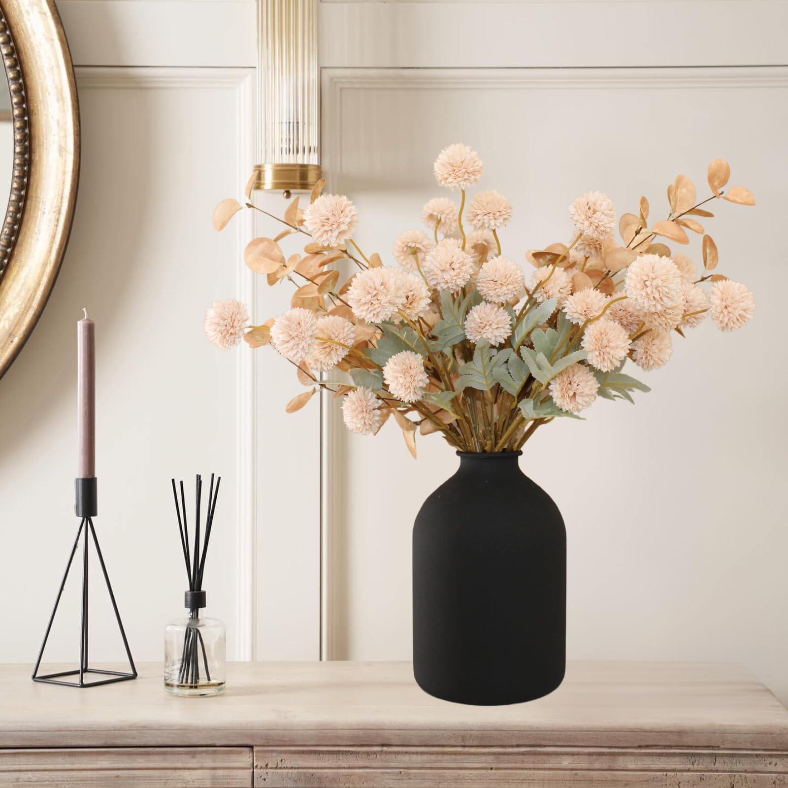 Artificial Flowers Beige 10 Stems + Eucalyptus, Faux Flowers For Vase, Fake Mums Silk Long Stem, Tan Nude Cream Neutral Floral, Chrysanthemum Pom Pom Floral Arrangements, Mini Faux Kiku Flower bulk - Image 5