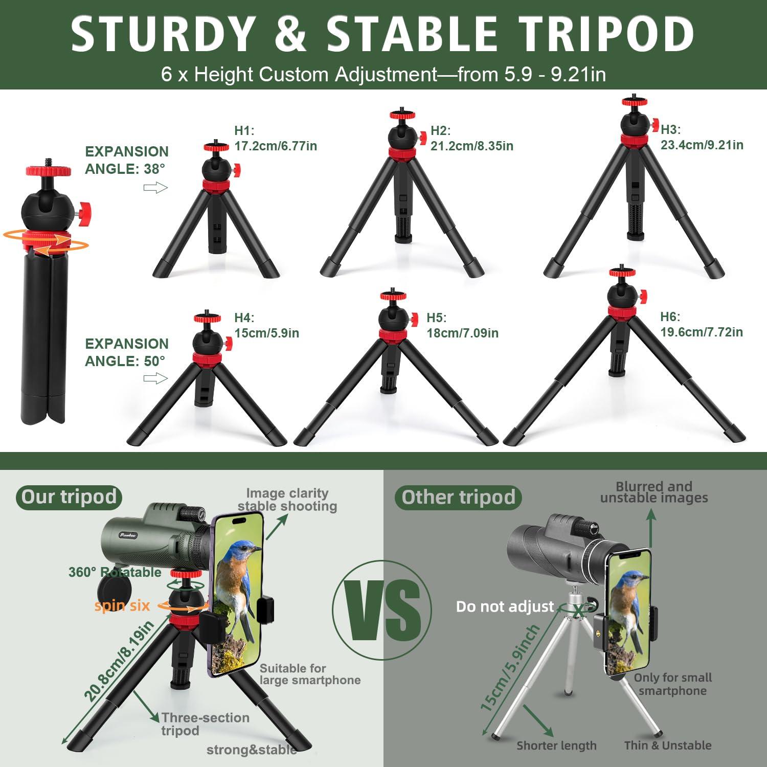 Pankoo 40X60 Monocular Telescope with Smartphone Holder & Upgraded Tripod, 2024 BAK4 Prism FMC Monoculars for Adults, HD Monocular Scope for Bird Watching Hiking Concert Camping Travelling - Image 3