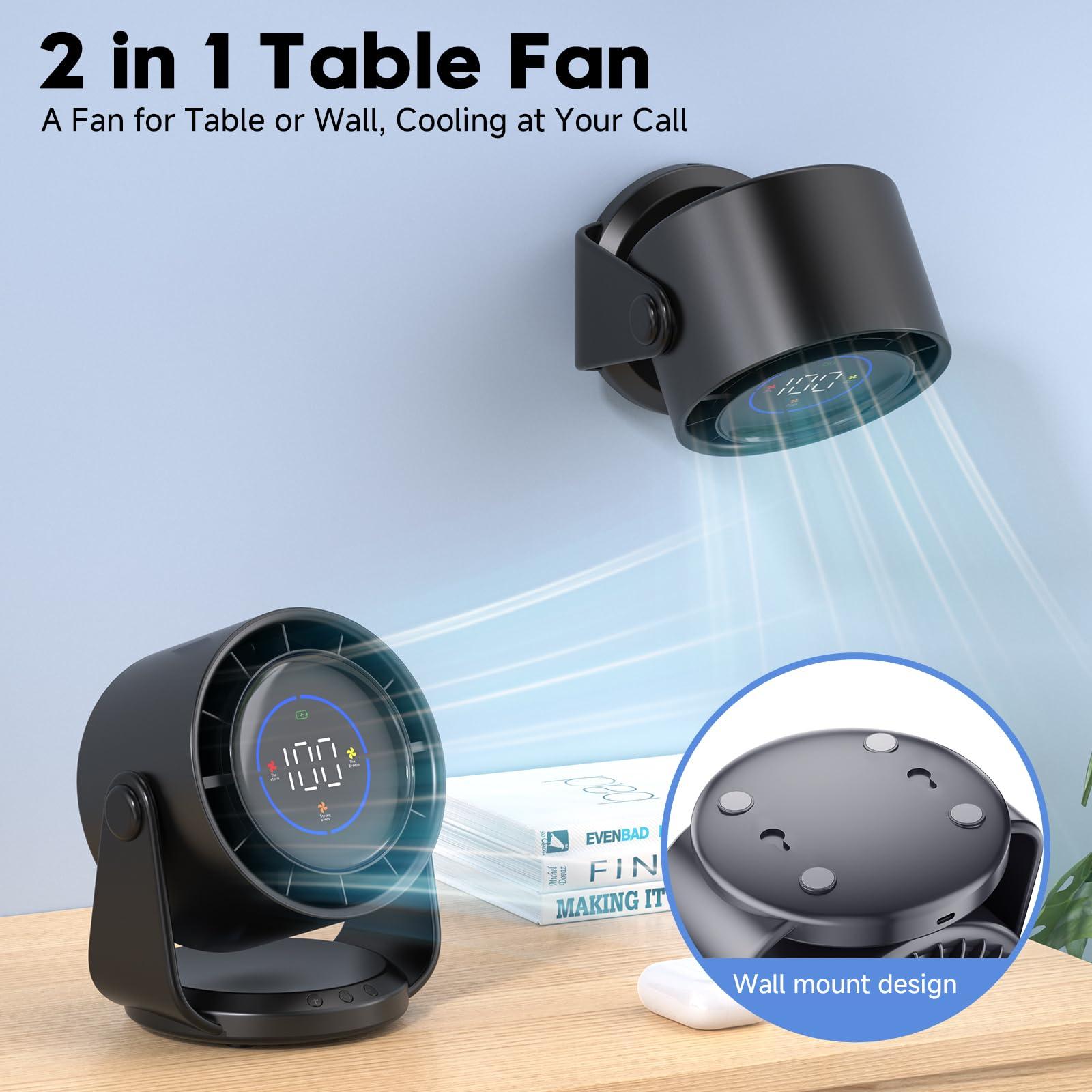 YOSHENMO Desk Fan, Turbo Table Fan for Bedroom, 100-Speed Digital Display, Low Noise, 105° Adjustable Tilt, 7.5-inch, Rechargeable Battery, Wall-Mouted Design for Home, Office, Travel Dark Black - Image 2