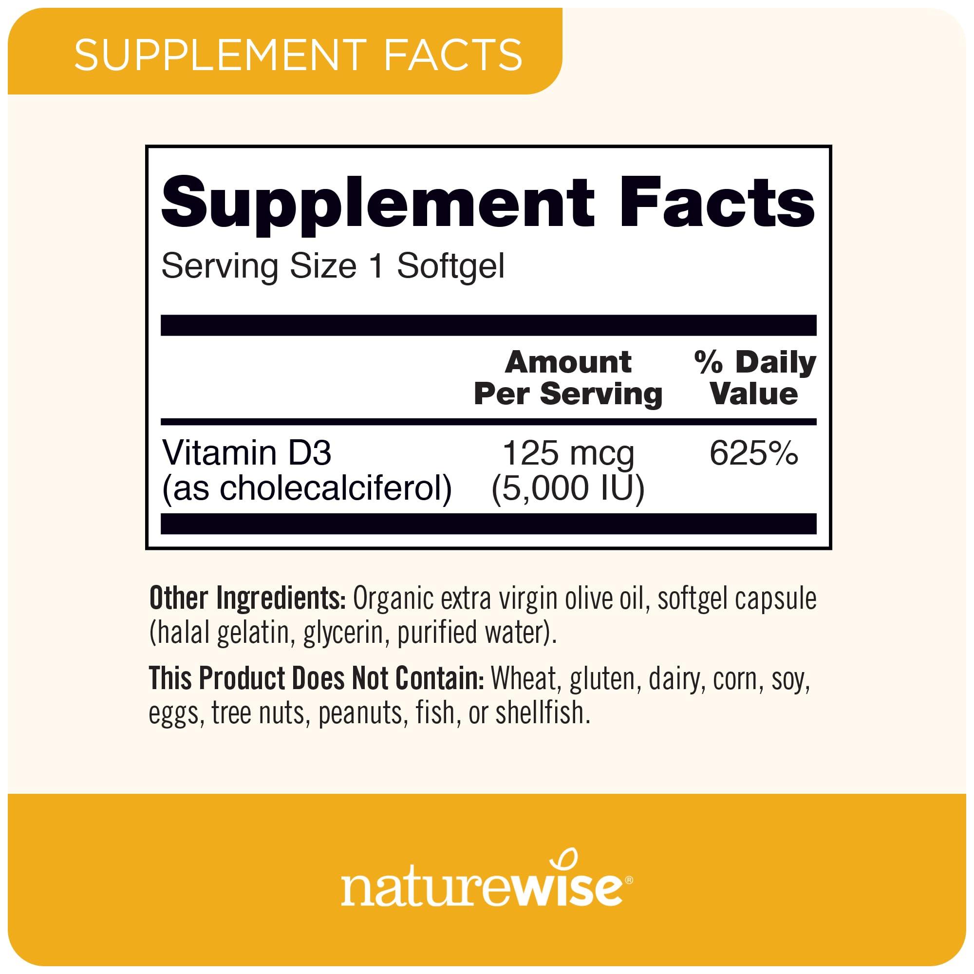 NatureWise Vitamin D3 5000iu (125 mcg) 1 Year Supply for Immune Support, Healthy Muscle Function, and Bone Health - Non-GMO, Gluten Free in Organic Extra Virgin Olive Oil, (Mini Softgel), 360 Count - Image 3