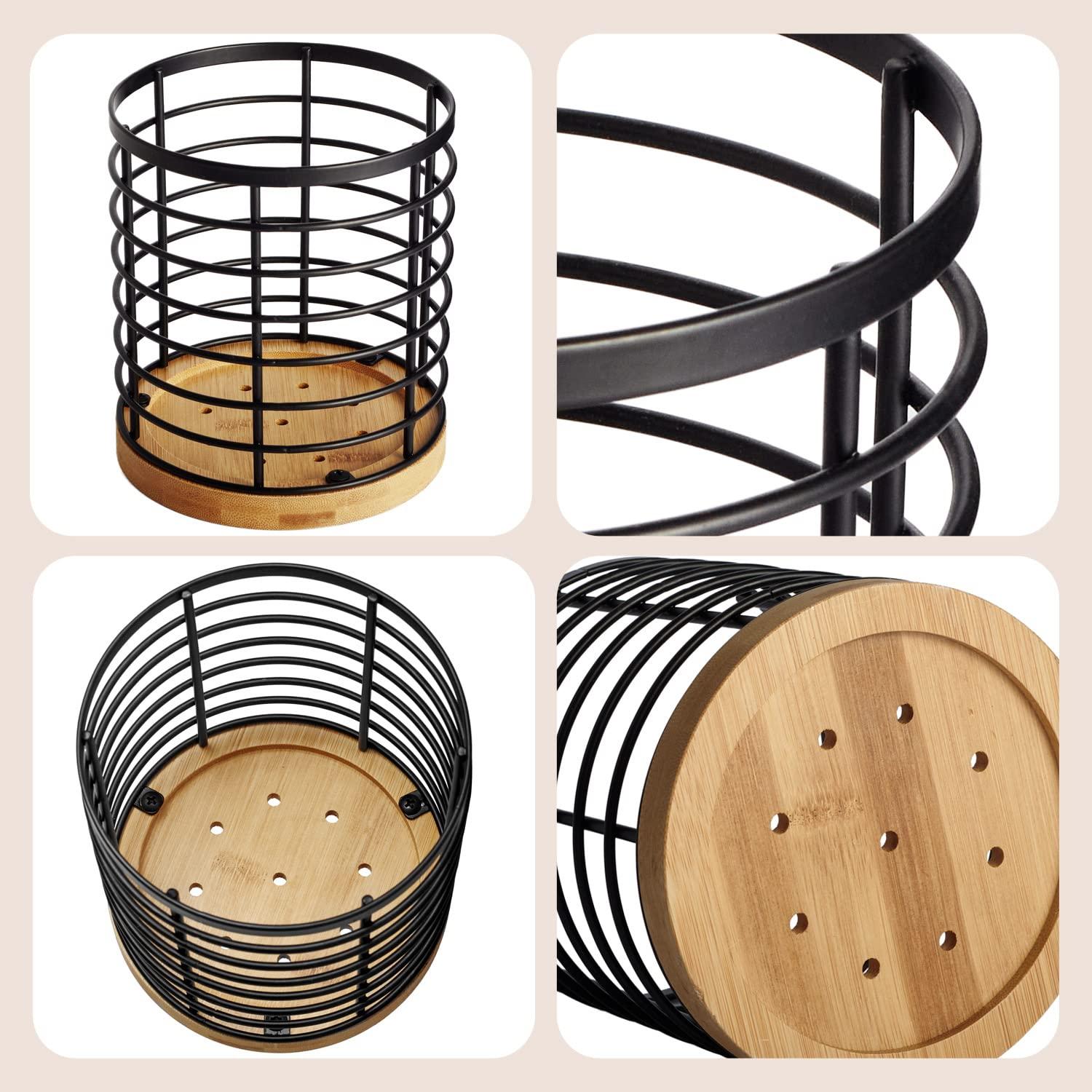 WDT Tool Utensil holder for Kitchen Counter - 5.2" x 5.2" x 6" Large Round with Wooden Base Matte Black Cooking Utensil Holder Utensil Organizer (Metal+Bamboo) - Image 4