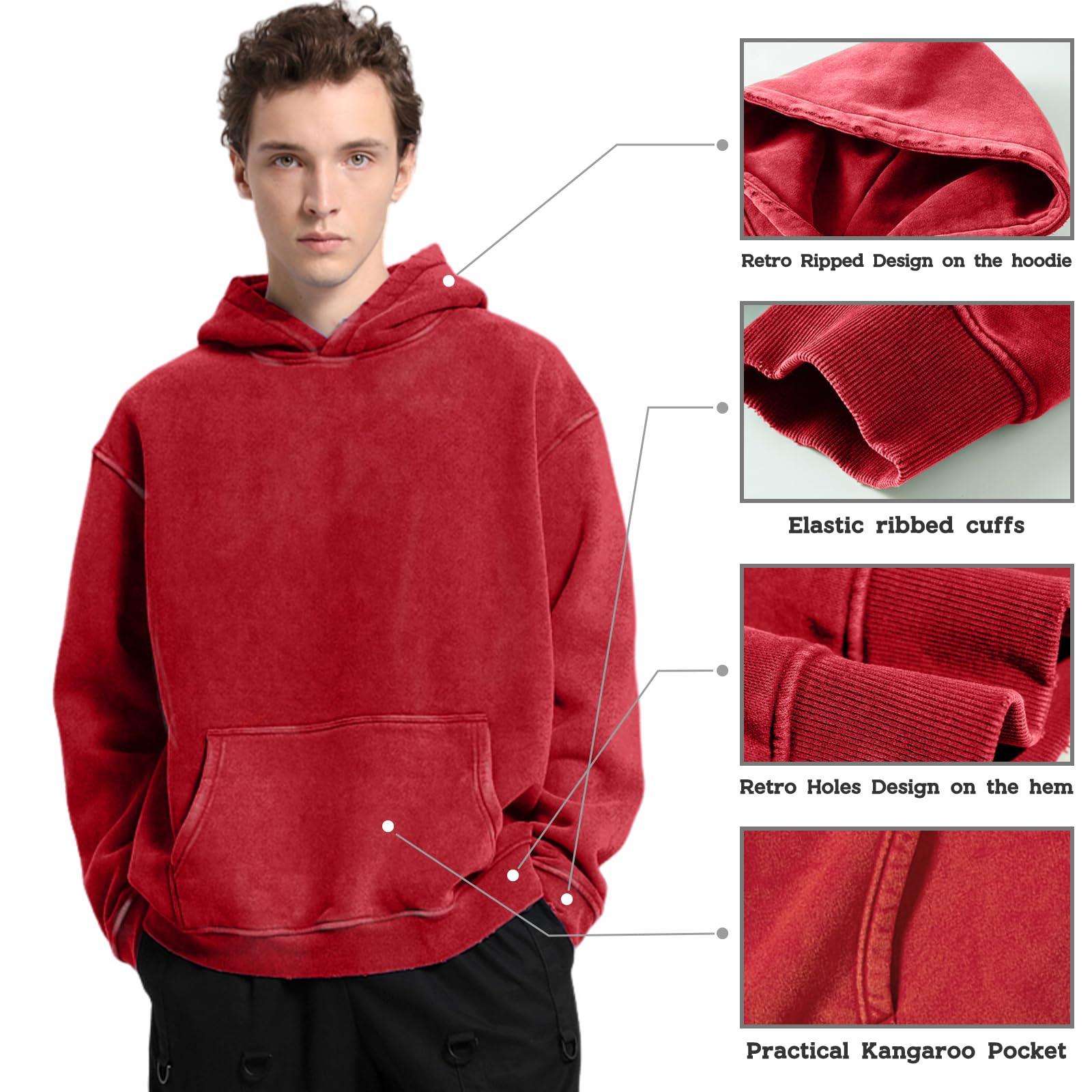 Dnzzs Men's Oversized Acid Wash Hoodies Heavyweight Cotton Fleece Sweatshirt Loose Fit Fall Winter Casual Streetwear Pullover - Image 2