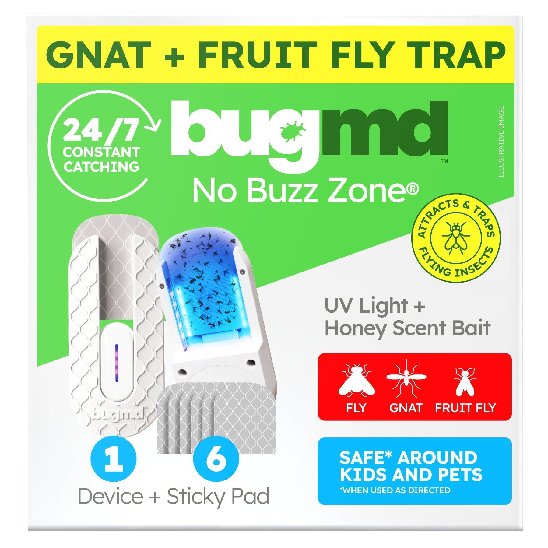 BugMD No Buzz Zone - Flying Insect Trap Catcher Indoor Fly Safer Home Fruit Traps for Gnat Moth Mosquito Bug Light Plug in Killer Refillable Uv Zapper Flea Inside and Indoors 1 Device + 6 Refill