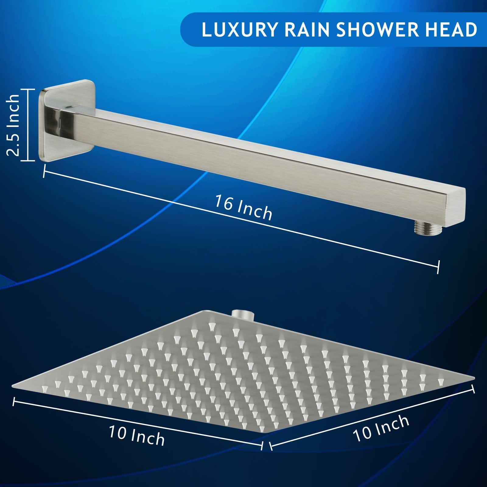 Voolan All Metal Shower Head with Extension Arm, Stainless Steel Waterfall Rainfall Showerheads, High Flow Bathroom Square Rain Shower Head (10’’ Shower Head with 16’’ Shower Arm, Brushed Nickel) - Image 3