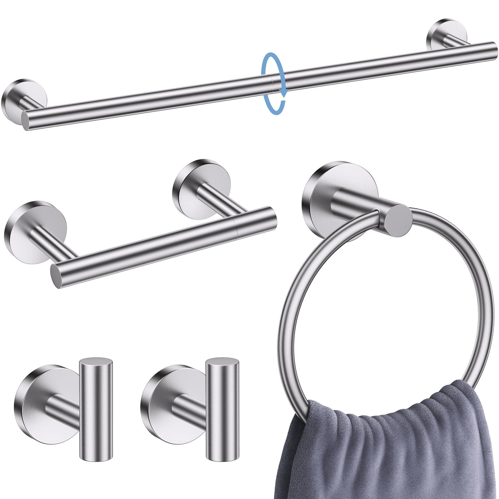 5 Pieces Brushed Nickel Round Towel Bar Set Bathroom Hardware Accessories Set Upgraded Toilet Paper Holder Towel Rail Set for Bathroom Stainless Steel Wall Mounted Bathroom Set,23.6 in