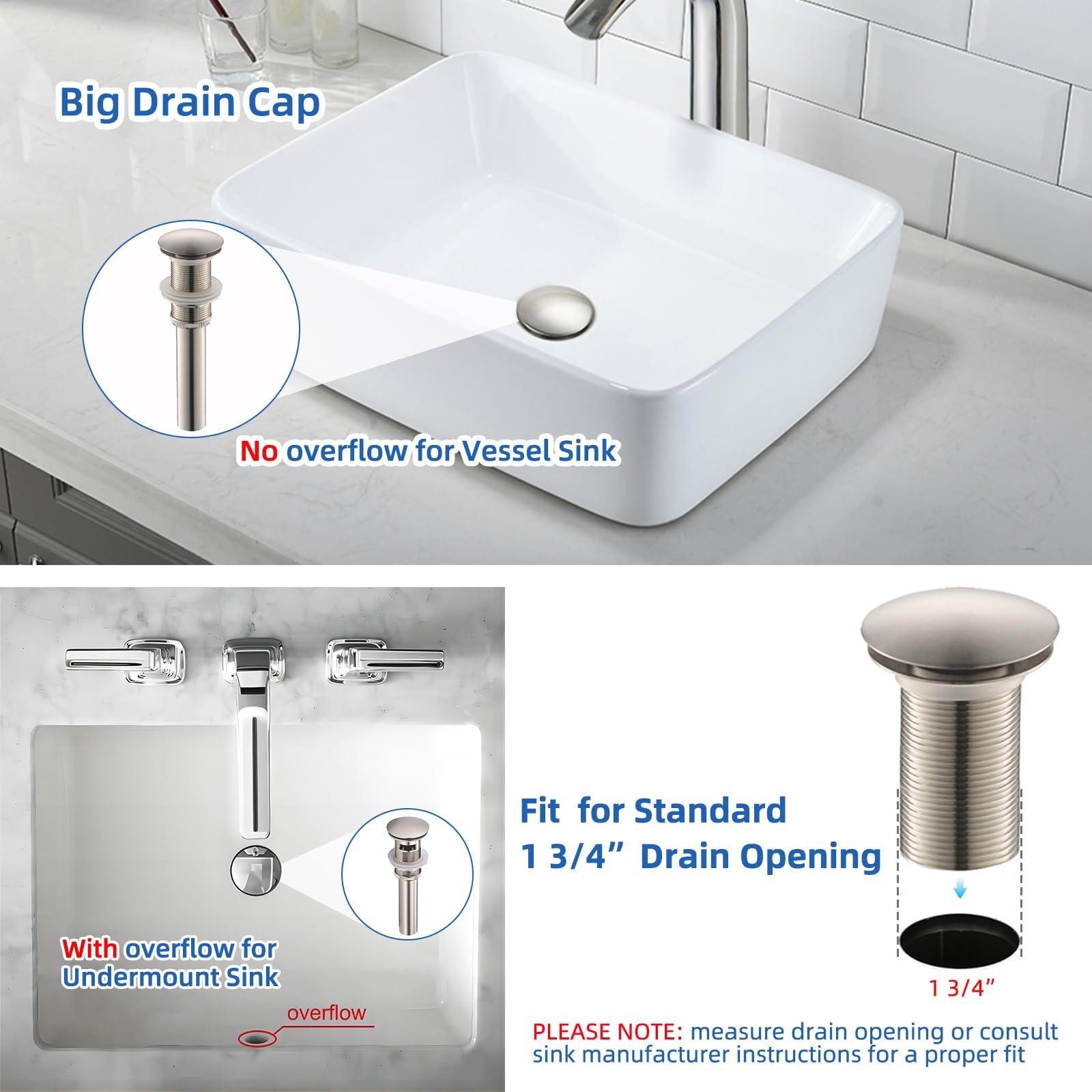 Yodel Faucet Vessel Sink Drain Without Overflow - Bathroom Sink Drain Stopper - Pop Up Drain All Metal - Big Cap Fit for Vessel or Undermount Sink,Brushed Nickel,YDPOP-1 - Image 5