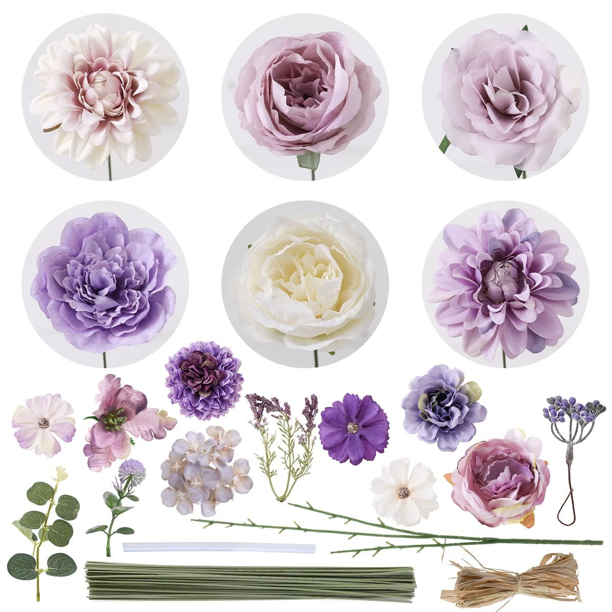 Kisflower Purple Artificial Flowers Combo Cake Flowers Decorations Fake Peony Silk Roses Gift Box for DIY Wedding Bridal Bouquet Centerpieces Arrangements Party Baby Shower Holiday Decor (Purple) - Image 6
