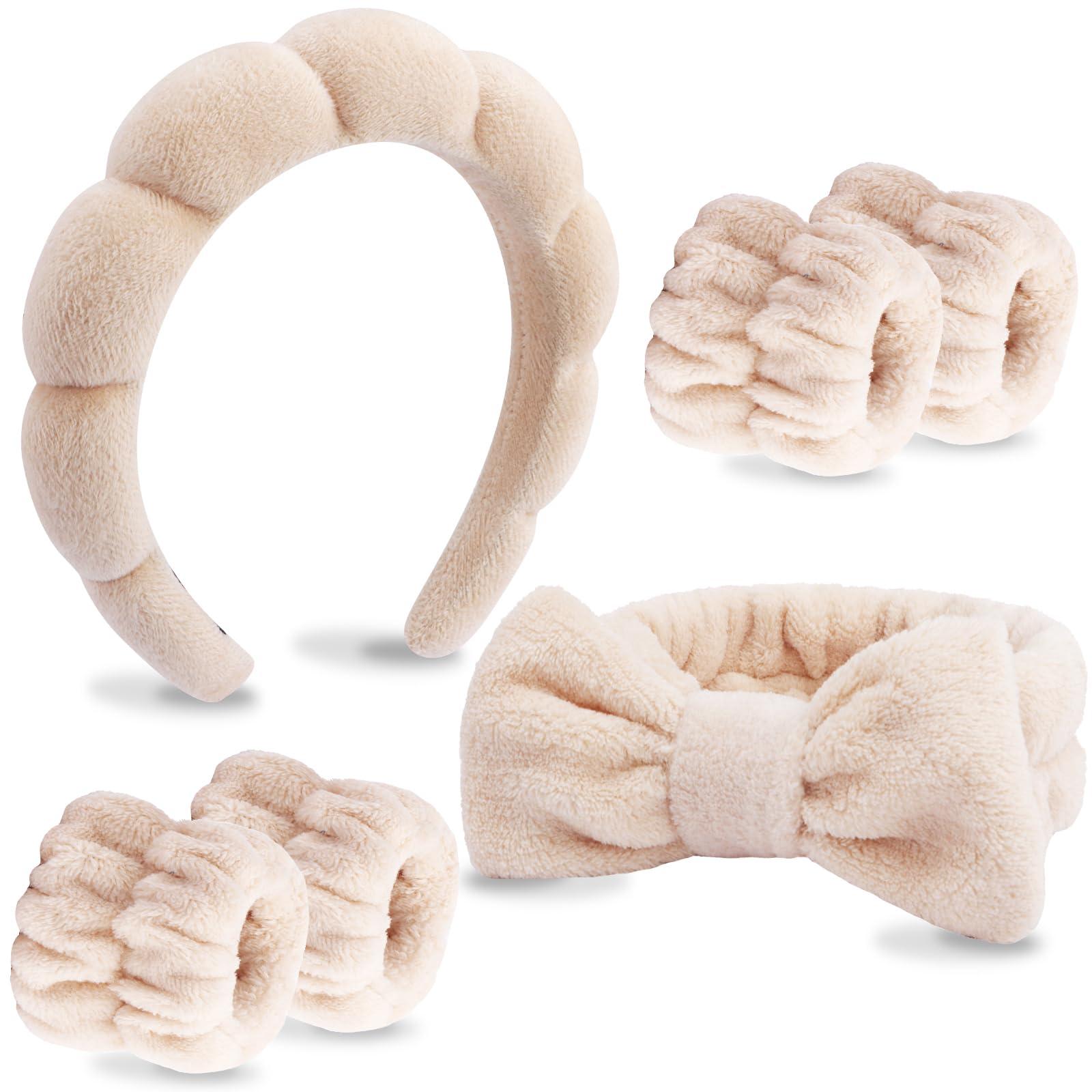 VELSCRUN 6 Pack Spa Headband, Makeup Headband, Face Wash Headbands, Skincare Headbands, Brown Sponge Hair Band Bow Tie Spa Head Band for Washing Face Wristband Set Hair Accessories for Women