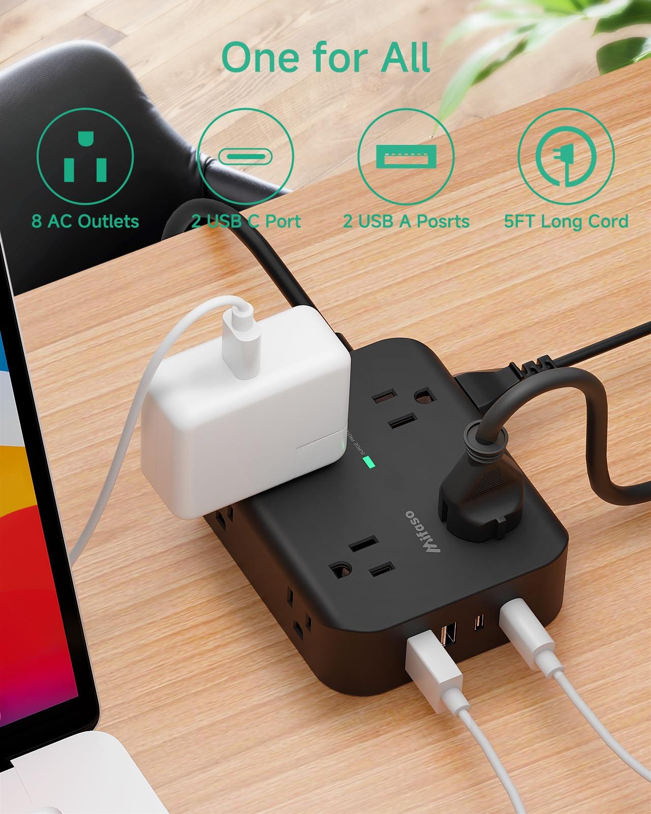 Power Strip Surge Protector - Flat Plug, Wall Mount, 8 Wide Outlets with 4 USB Ports (2 USB C), 5FT Heavy Duty Extension Cord with Multiple Outlets, Charging Station Overload Protection for Home Dorm - Image 2