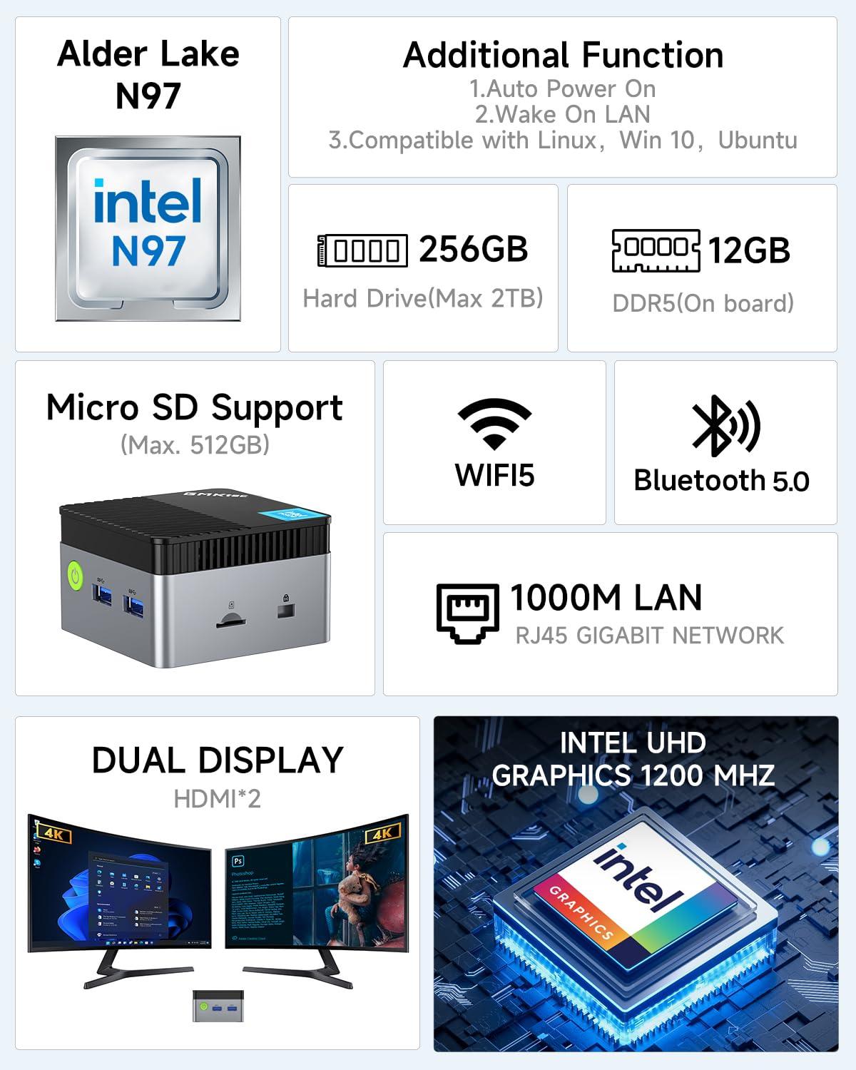 GMKtec Mini PC N97 Preinstalled Windows 11 Pro, G5 Micro Desktop Computer, 12th Gen Intel Alder Lake N97 (up to 3.60GHz) 12GB DDR5 256GB Hard Drive for Business, School, Office - Image 2