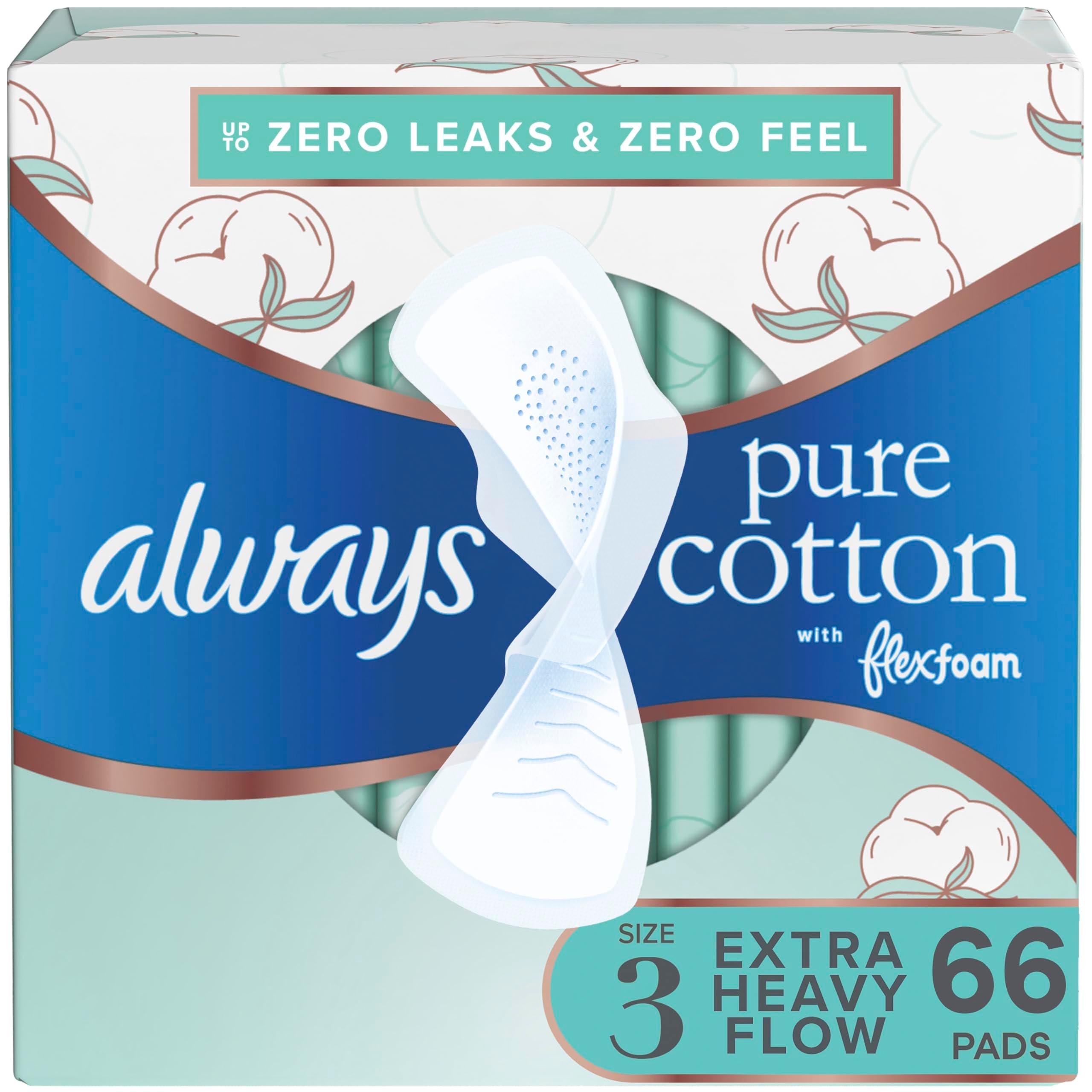 Always Pure Cotton Feminine Pads for Women, FlexFoam Pads with Wings, Size 3, Extra Heavy Flow Absorbency, Made with a Premium Cotton Top Layer, 22 Count x 3 Packs (66 Count Total)(Packaging May Vary)