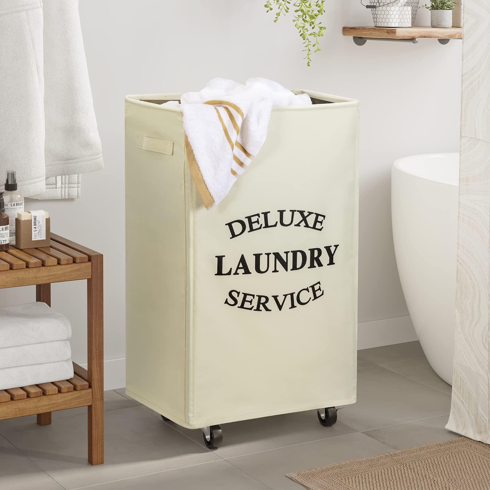 WOWLIVE Large Rolling Laundry Basket Wheels 90L Collapsible Tall Laundry Hamper Handle Foldable Dirty Clothing Basket Fold up Rectangular Hampers for Laundry Dorm Room (Beige) - Image 2