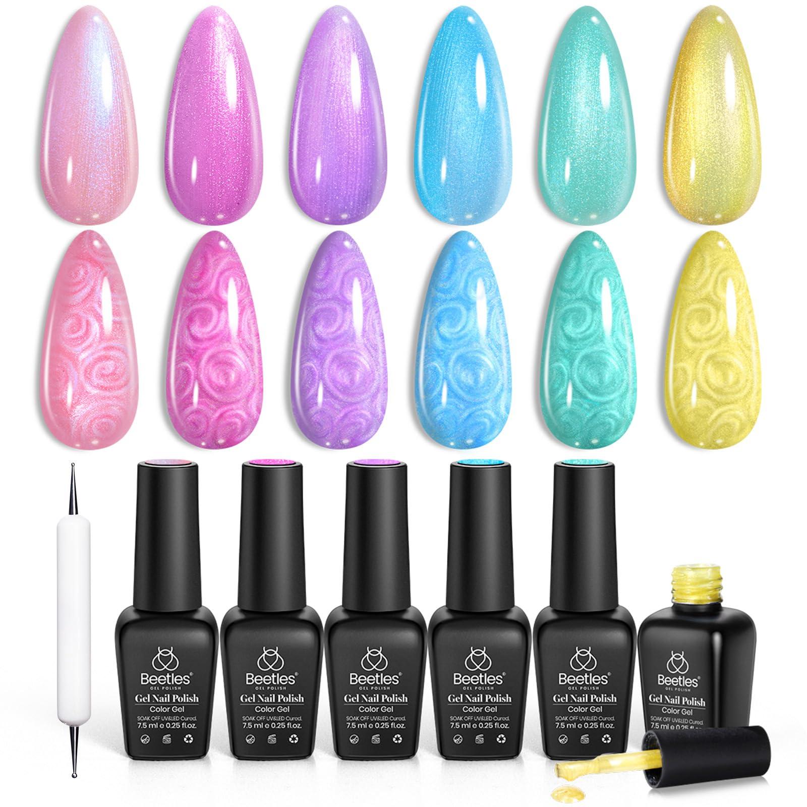 Beetles Summer Gel Nail Polish, 6 Colors Pink Blue Yellow Green Purple Shimmer Pearl Gel Polish Soak Off Uv Mermaid Nail Drawing Polish Swirl Shell Thread Effect DIY Manicure Gift for Women
