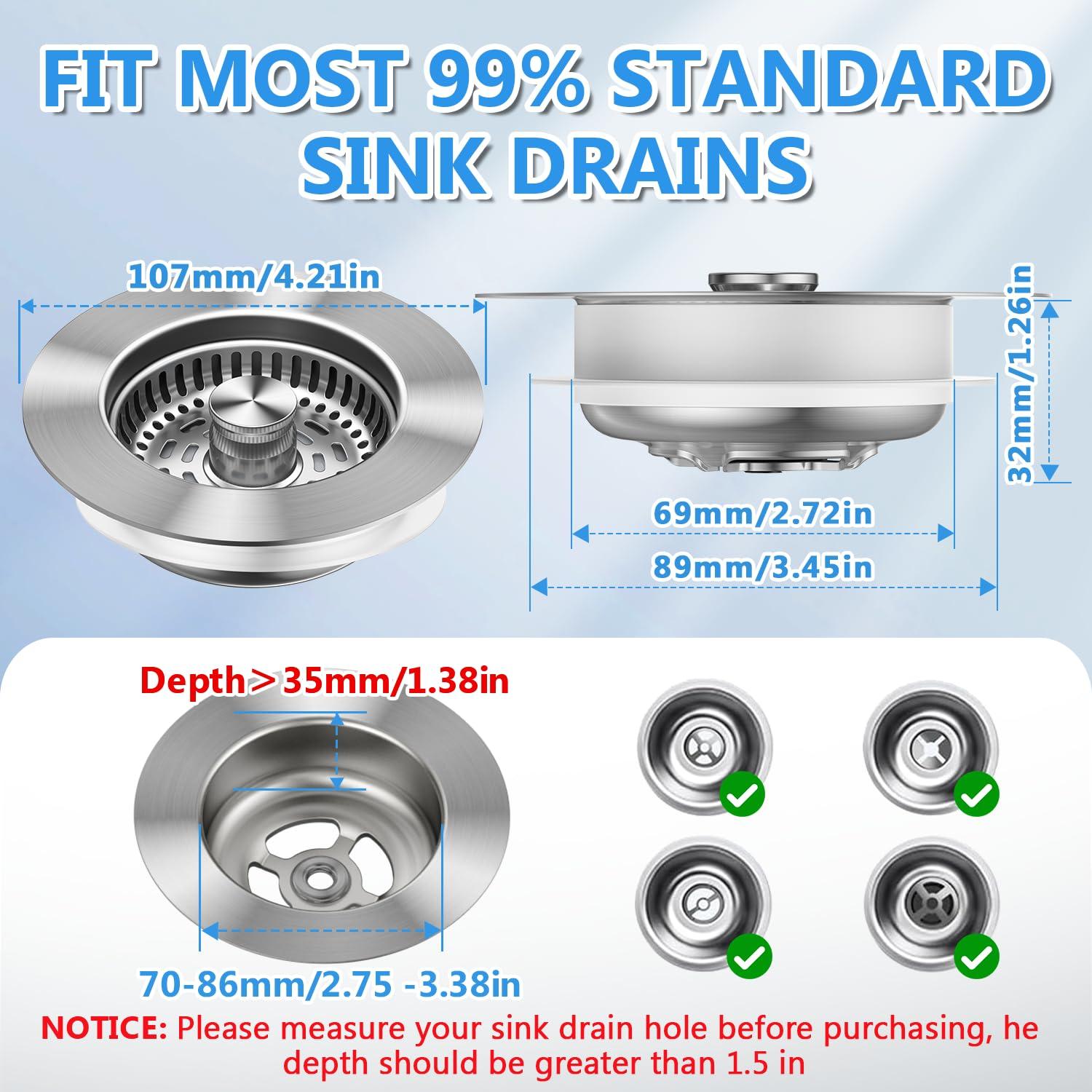 3 in 1 Kitchen Sink Drain Strainer, JOMST Sink Stopper 10,000 Pop-Up Tested Stainless Steel Sink Plug, Fast Drain Deodorizer Anti-Clog, Strainer for Kitchen Standard 3-1/2 Inch Sink Drain Strainer - Image 2
