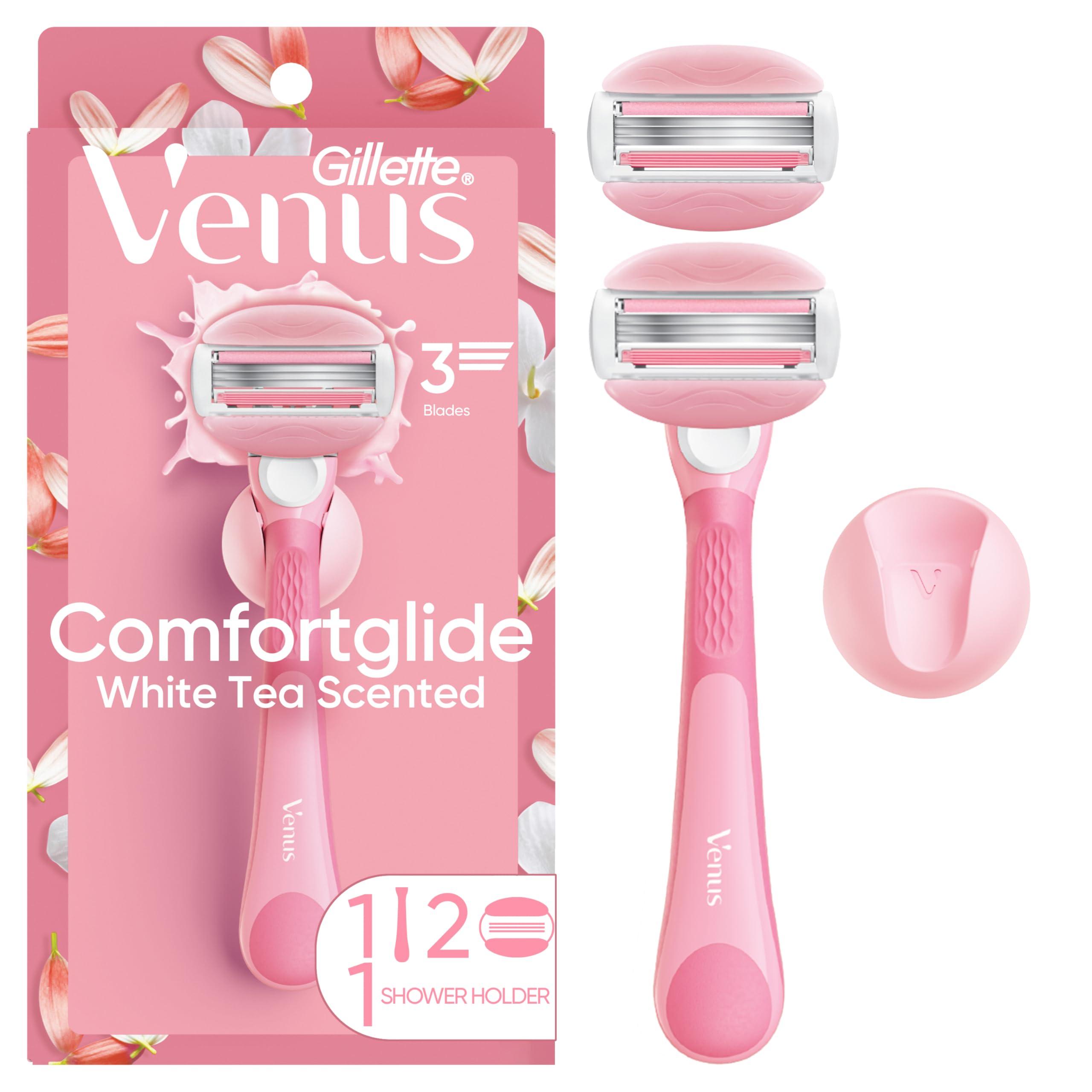 Gillette Venus ComfortGlide Razor for Women, White Tea Scented Gel Bars, Includes 1 Reusable Razor Handle + 2 Refills, Built-in Shave Gel Bars