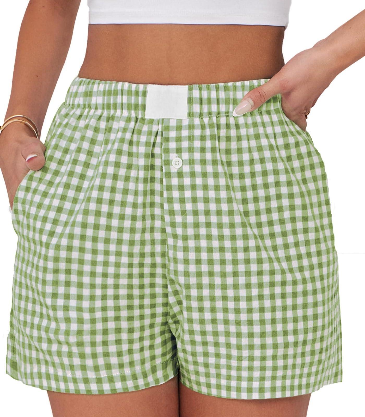 Lziizl Womens Boxer Shorts Cotton Summer Casual Pajama Y2K Sleep Gingham Plaid Shorts Bottom with Pockets