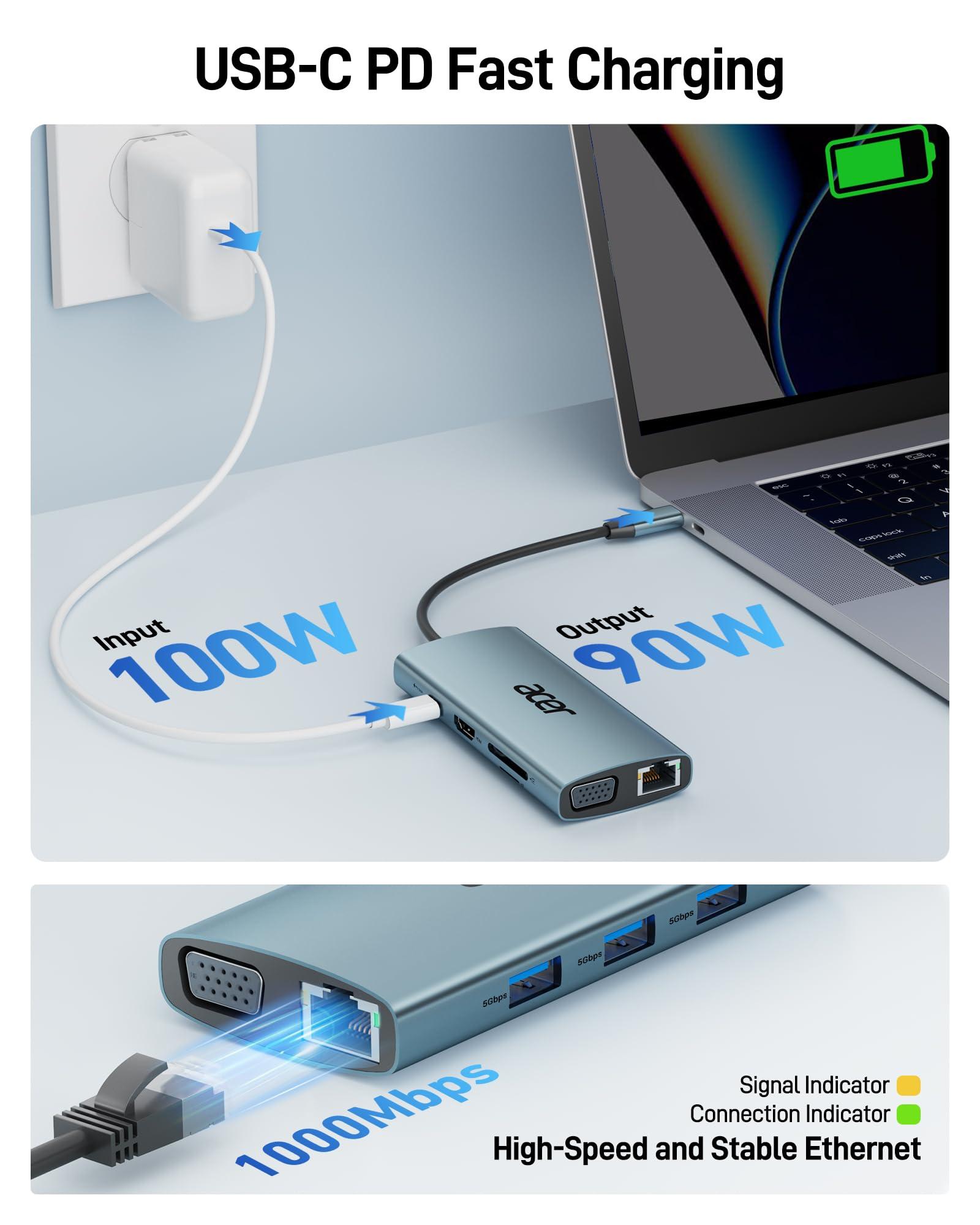 Acer USB C Hub with 4K HDMI, 9-in-1 USB C to Ethernet Adapter, 5Gbps USBA 3.0 Docking Station, VGA Splitter, SD Card Reader, PD 100W Charging for MacBook, Acer, Laptops, Surface and More - Image 4