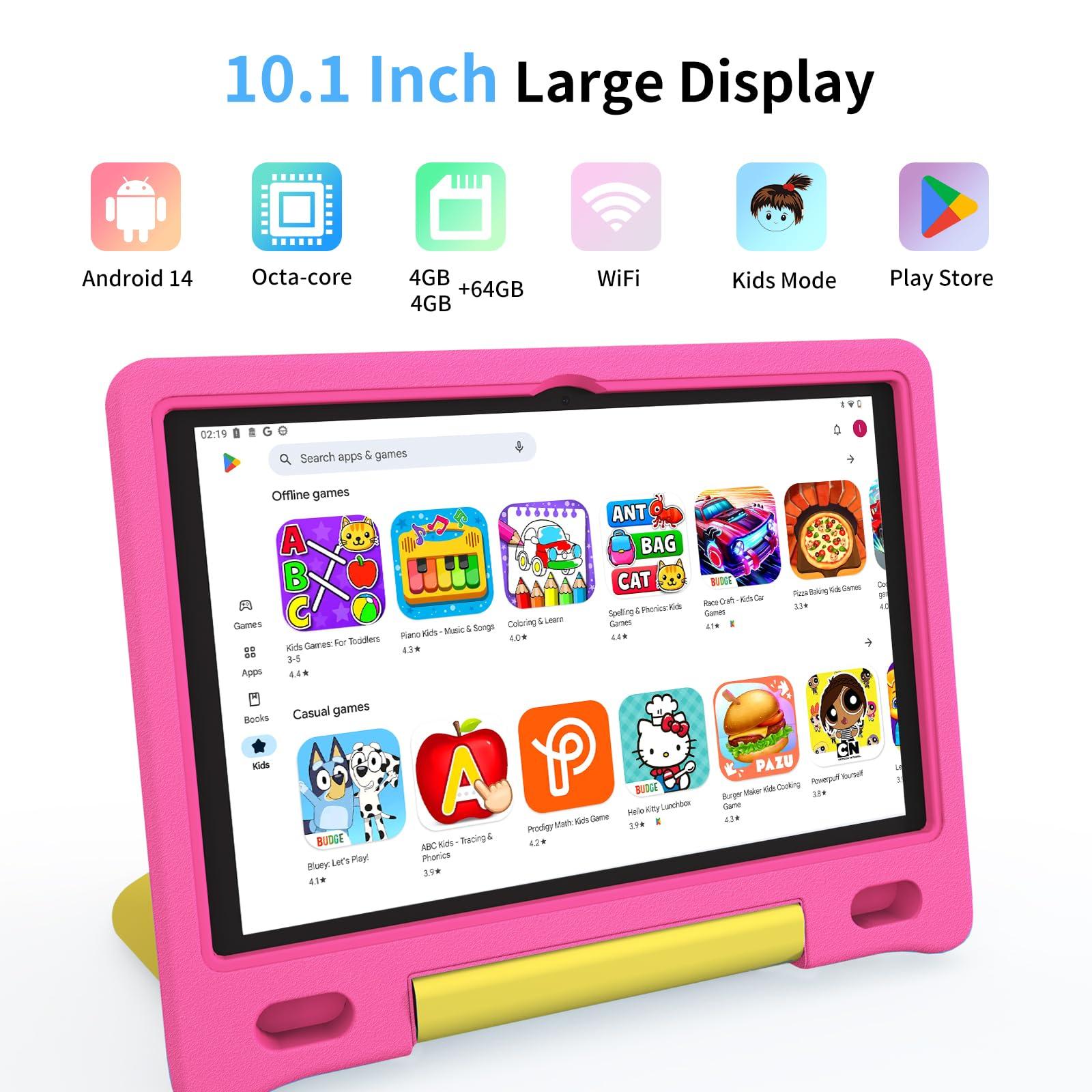 VNEIMQN Kids Tablet, 10.1 Inch Tablet for Kids, Android 14, 64GB, Octa-Core CPU, WiFi, Big Battery, Kids Conten, Parental Control, HD Display Children Age 3-12, Bluetooth, Pink Shockproof Case - Image 2