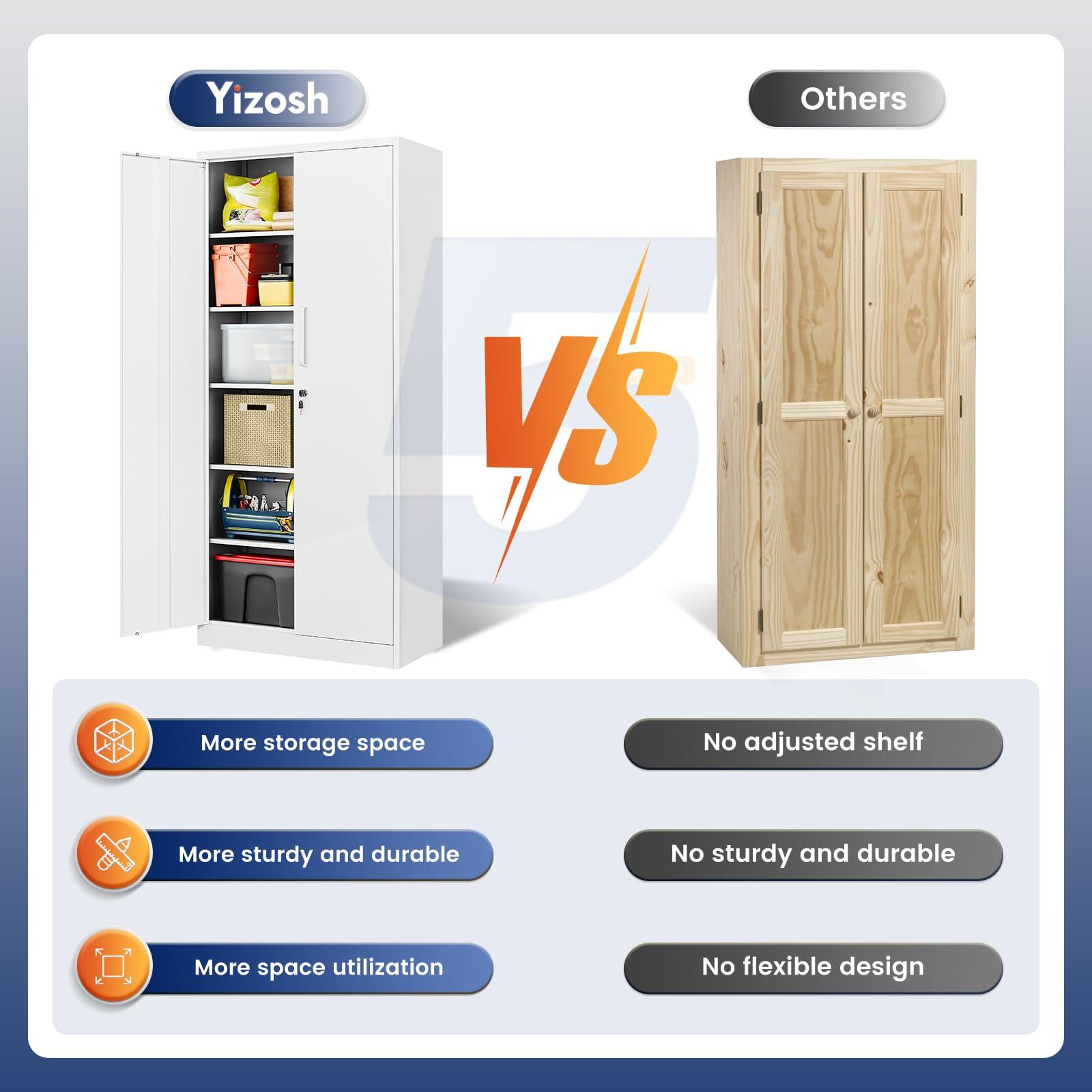 Yizosh Metal Garage Storage Cabinet with 2 Doors and 5 Adjustable Shelves - 71" Steel Lockable File Cabinet,Locking Tool Cabinets for Office,Home,Garage,Gym,School (White) - Image 9