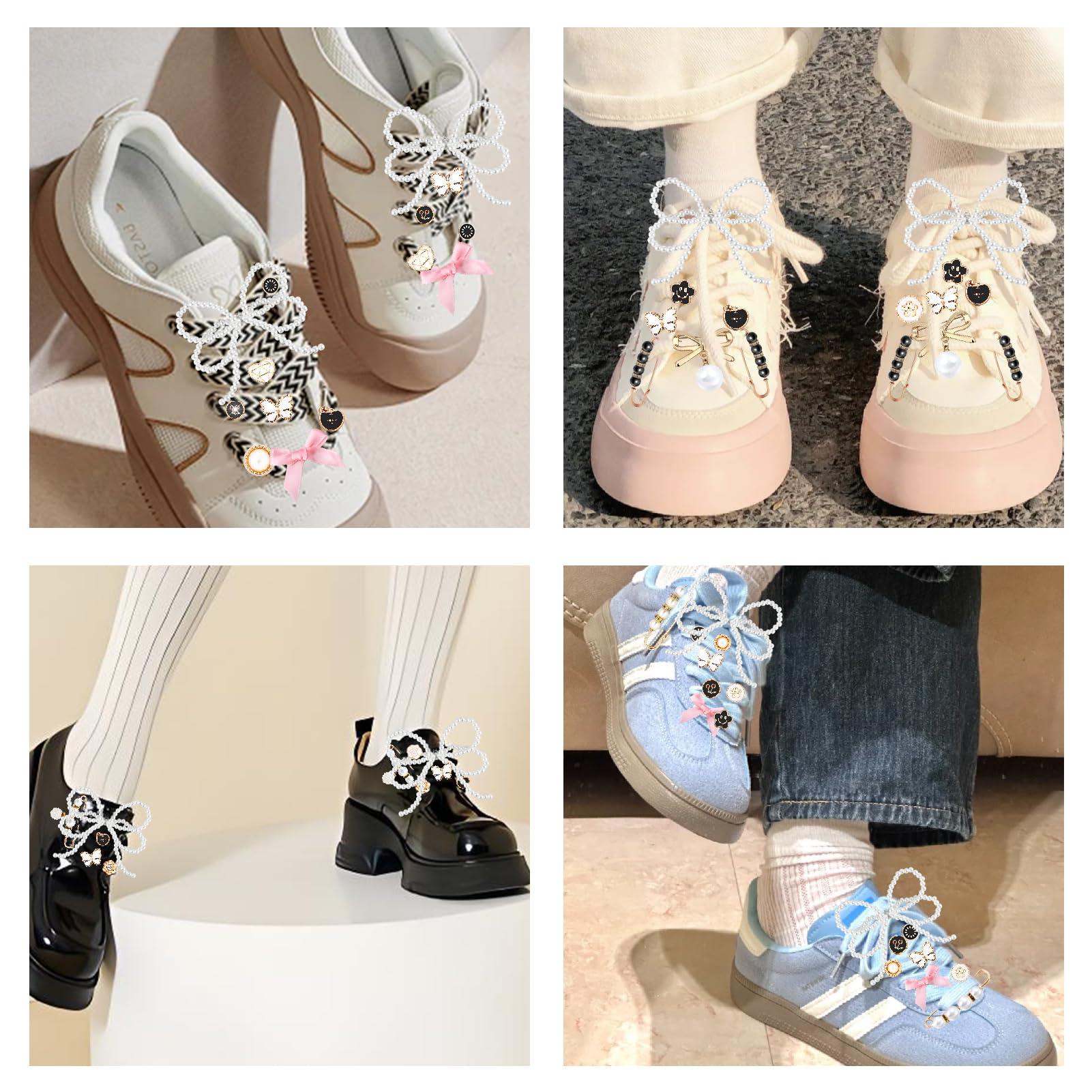 52Pcs Shoe Charms for Sneakers Bow Shoe Lace Charms Junk Sock Jewelry Kit for Women DIY Accessories Rhinestone Brooch Buttons Pearl Flower Clips Safety Pin Gold for Sneaker Hat Clothes Decoration - Image 5