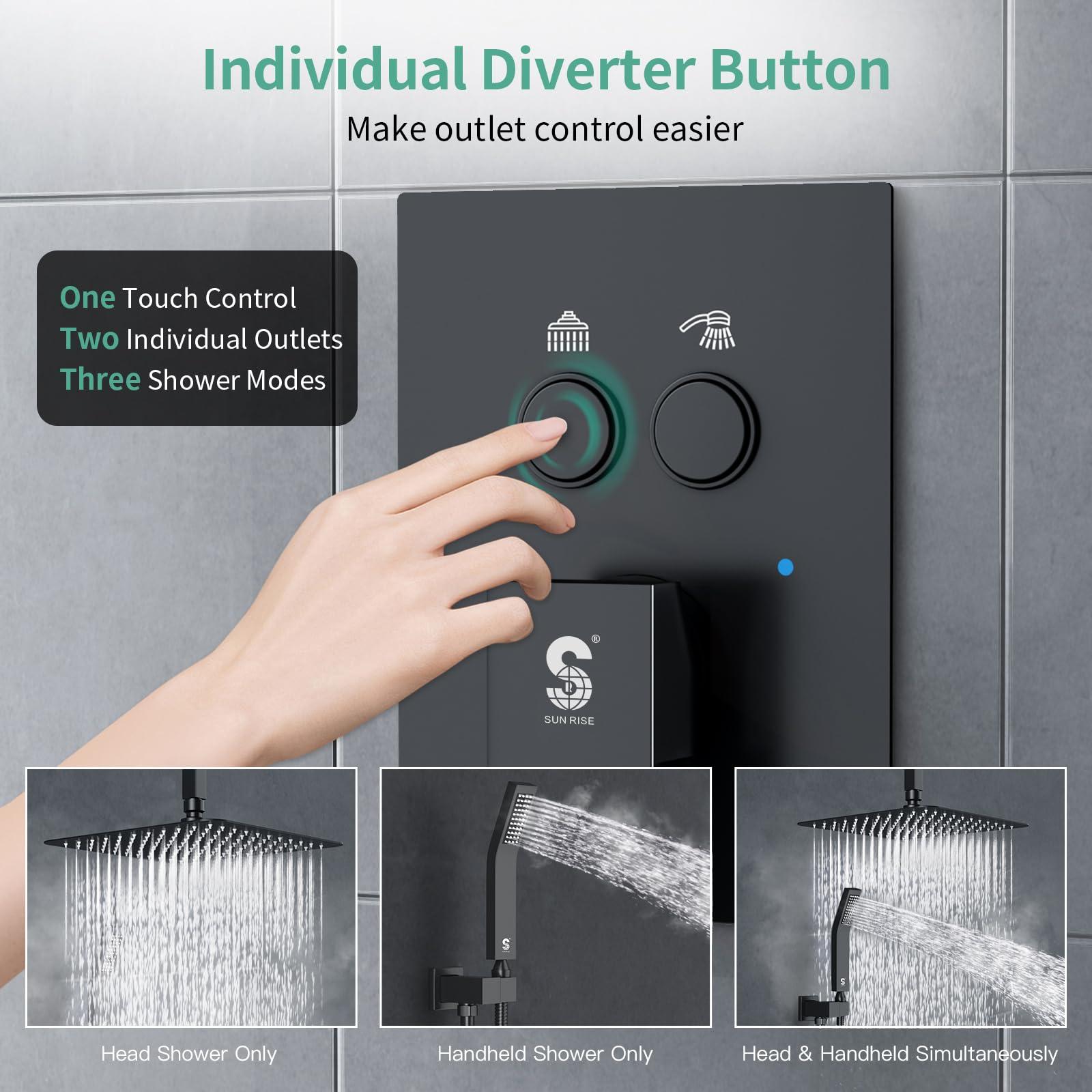 SR SUN RISE Ceiling Mounted Shower System with Push Button Diverter, Luxury 10 Inch Rain Shower Head with Handheld Spray, High Pressure Shower Faucet Combo Set with Rough-in Valve, Matte Black - Image 3