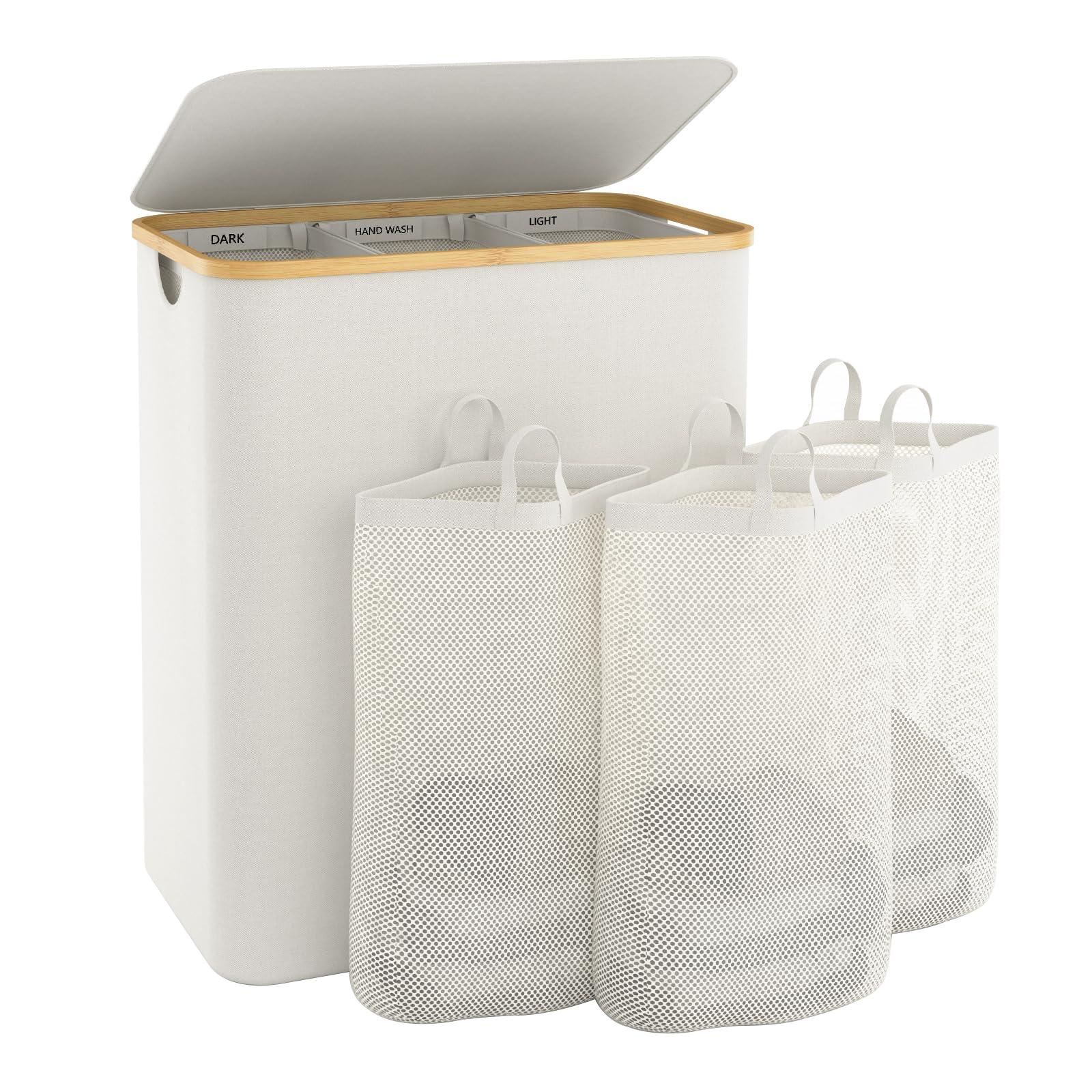 Laundry Basket with Lid, 145L Extra Large Laundry Hamper 3 Section Dirty Clothes Hampers for Laundry Divided Laundry Basket Organizer for Bedroom,Laundry Room,Dirty Clothing Hamper,Beige