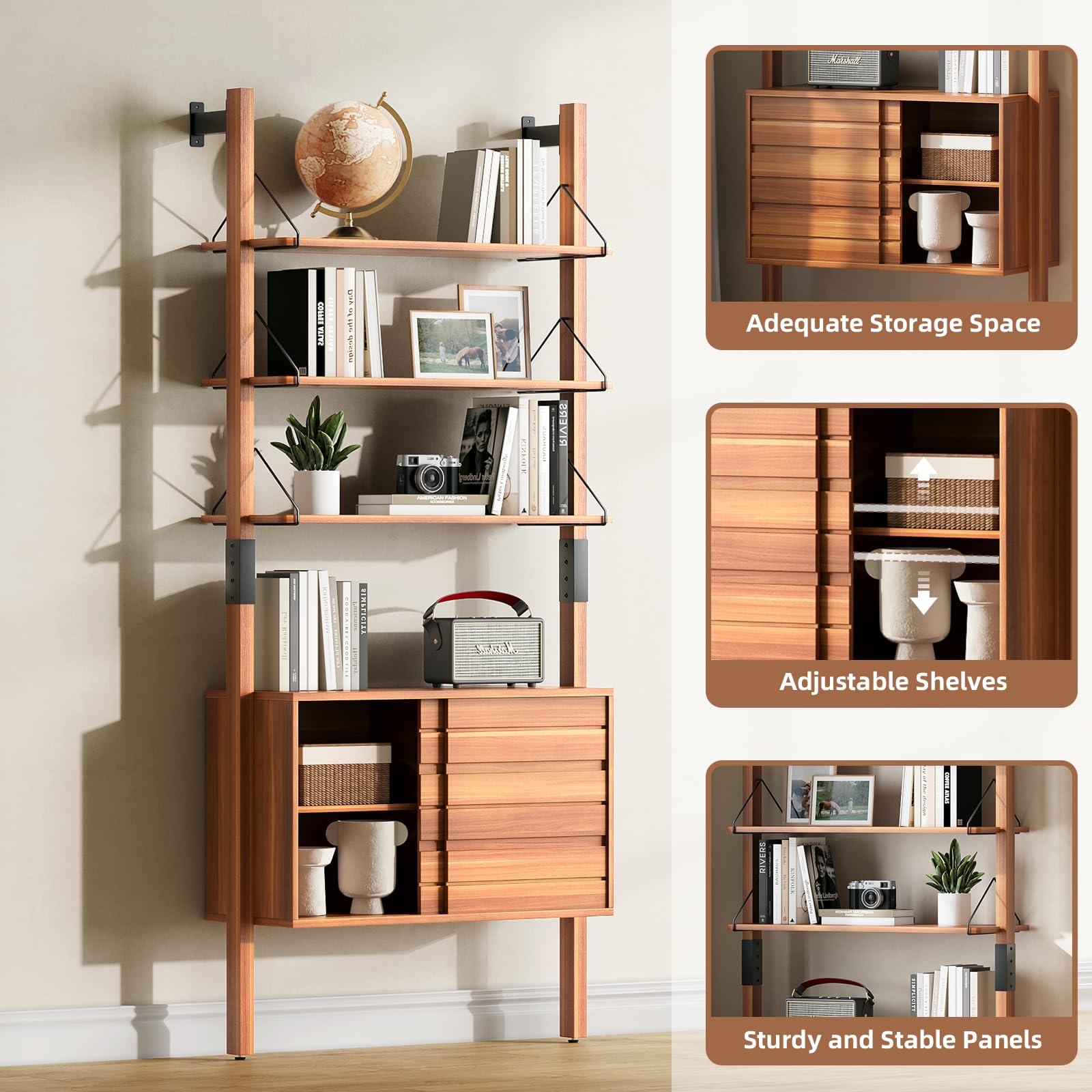 JOINICE, Ladder Bookshelf with Storage Cabinet, Mid Century Modern Wall Mounted Bookcase with Wood and Metal Frame, 6 Tier Open Display Shelves for Living Room, Bedroom, Home Office, Cherry - Image 3