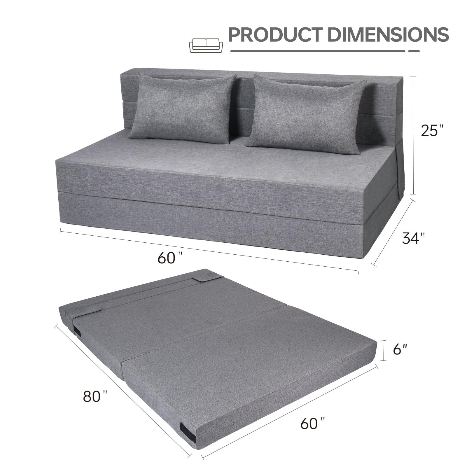 Fvkind Folding Sofa Bed, Foldable Bed Sleeper Chair with Pillow, Convertible Sofa Bed with Washable Cover, Fold Out Couch, Futon Couch for Living Room, Dorm, Guest Room, Queen Size, Light Grey - Image 2