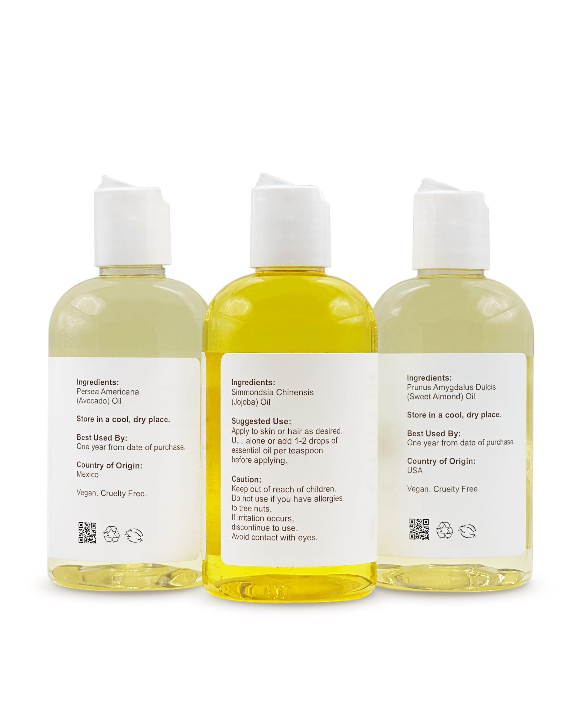 Sweet Almond Oil | Golden Jojoba Oil | Avocado Oil | Pack of 3 | Cold Pressed | Carrier for Essential Oils, Moisturizer for Skin, Face & Hair, Soap Making | 8 fl oz Each - Image 2