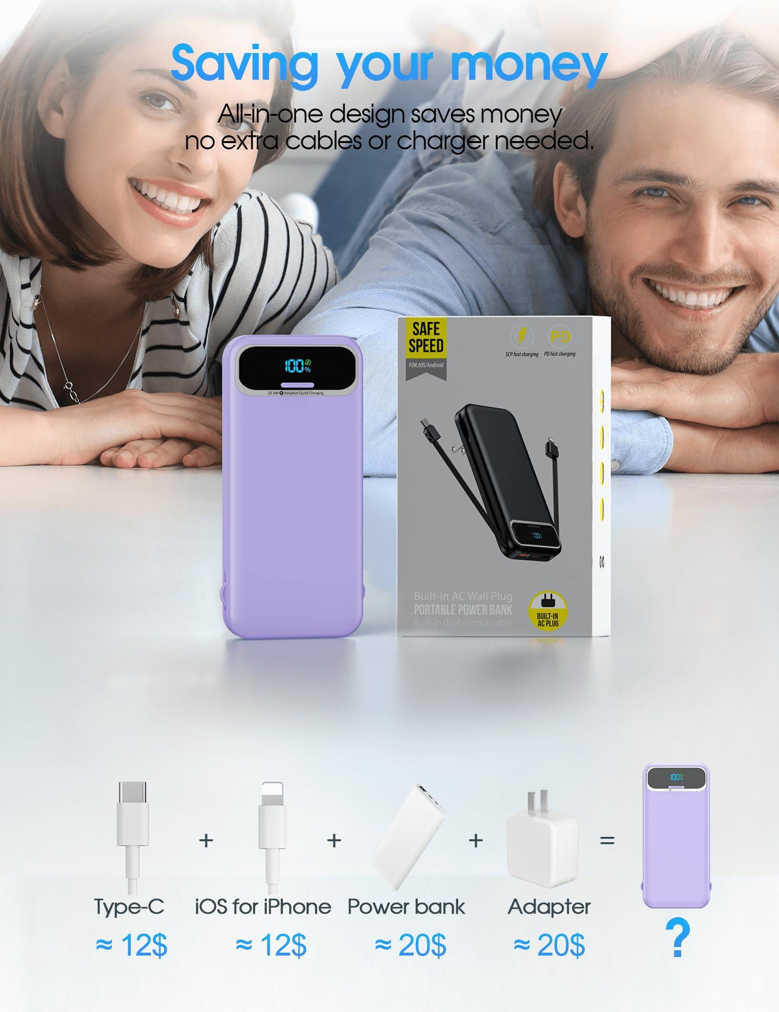 Portable-Charger Power-Bank with Built-in Cables & AC Wall Plug - 12000mAh PD 20W Fast Charging for iPhone,Samsung,Android, USB-C,Rechargeable External Battery Pack for Cell Phone,Type C,Travel Purple - Image 8