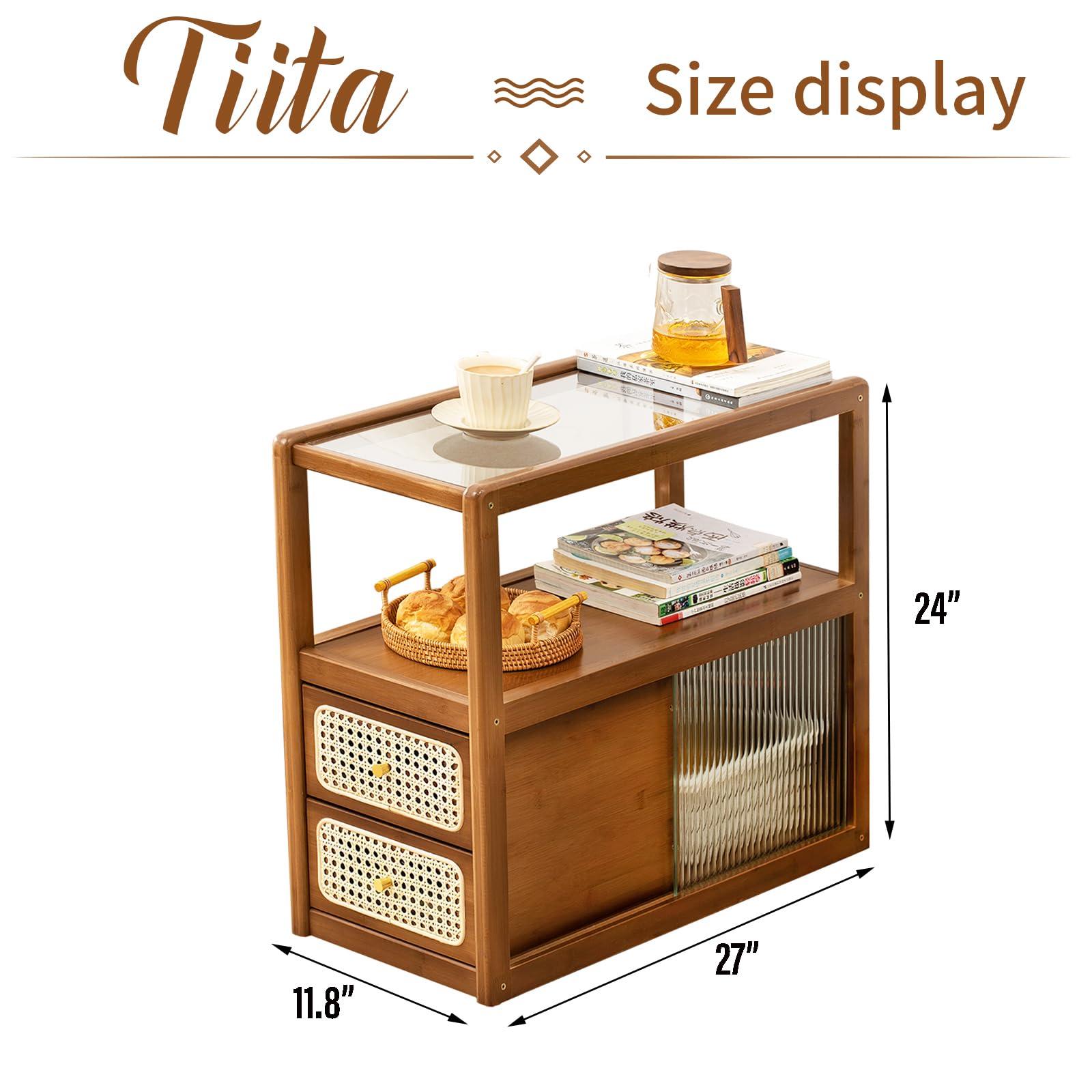 Tiita Rattan Nightstand Side Table, Bamboo Accent Bedside Tables, Glass Coffee Tables, Boho Wooden End Table with Storage for Small Space, Living Room and Bedroom - Image 2