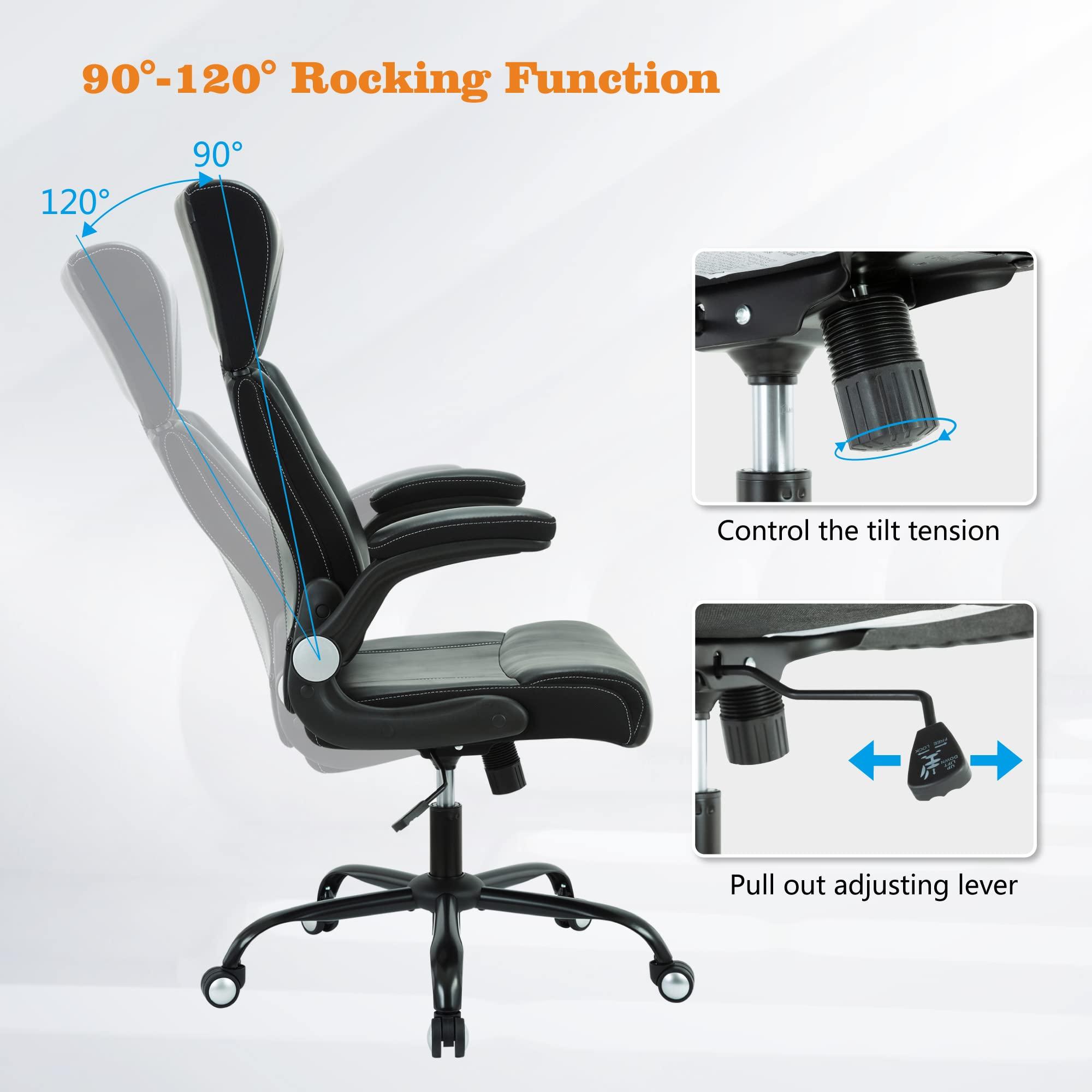 Ergonomic Office Chair, Home Desk Mesh Chair, High Back Leather Computer Chairs, Executive Chairs with Flip-Up Arm & Lumbar Support, Height Adjustable Rolling Swivel Chair (Black) - Image 6
